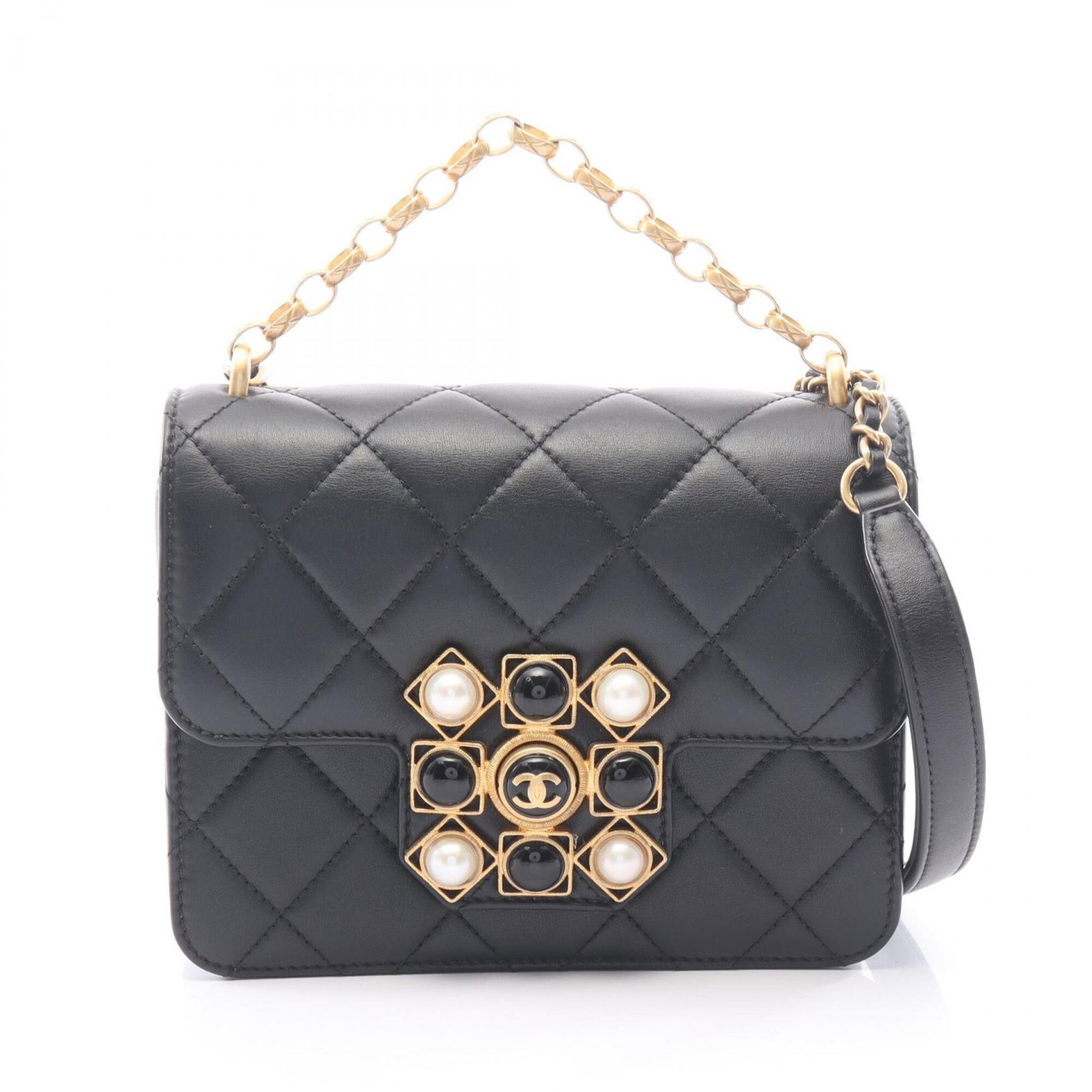 Shoulder Bag Leather Handbag Chanel: Shoulder Bag Leather Handbag Chanel This black leather shoulder bag from Chanel features a classic design with a lambskin finish, showcasing the brand's signature style. With its compact size and