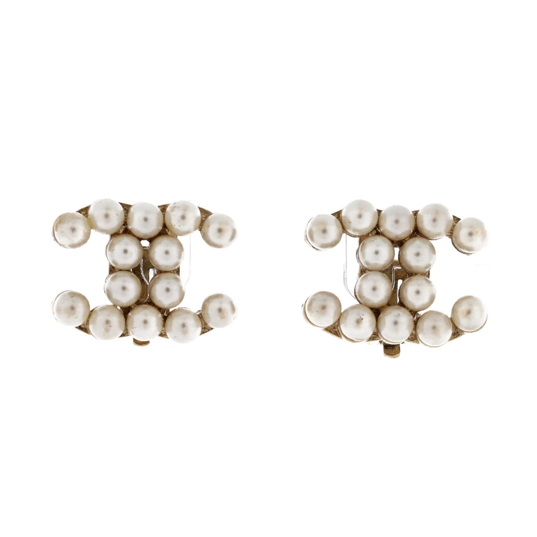 Earrings Clip-On Metal Chanel Faux CC Pearls: Earrings Clip-On Metal Chanel Faux CC Pearls Gold clip-on earrings featuring faux pearl trim, bearing the iconic CC logo from Chanel. The earrings showcase a classic design with a subtle gold finish. 