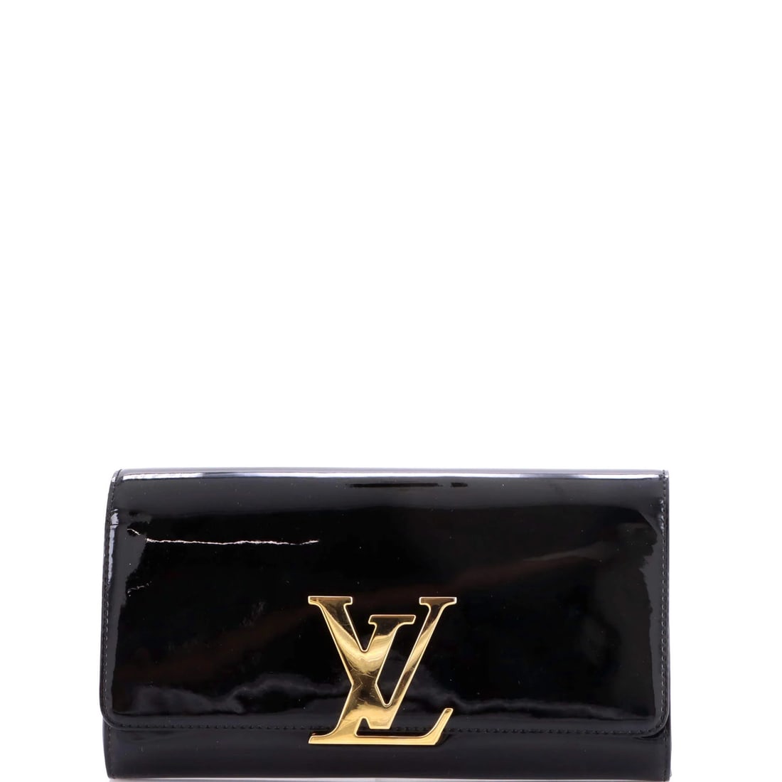 Vuitton Louis Patent Long Clutch: Vuitton Louis Patent Long Clutch Black patent leather Louis Vuitton Louise clutch with a long design, featuring a gold-tone hardware and a black fabric interior. Measuring 6" in height, 10" in width,