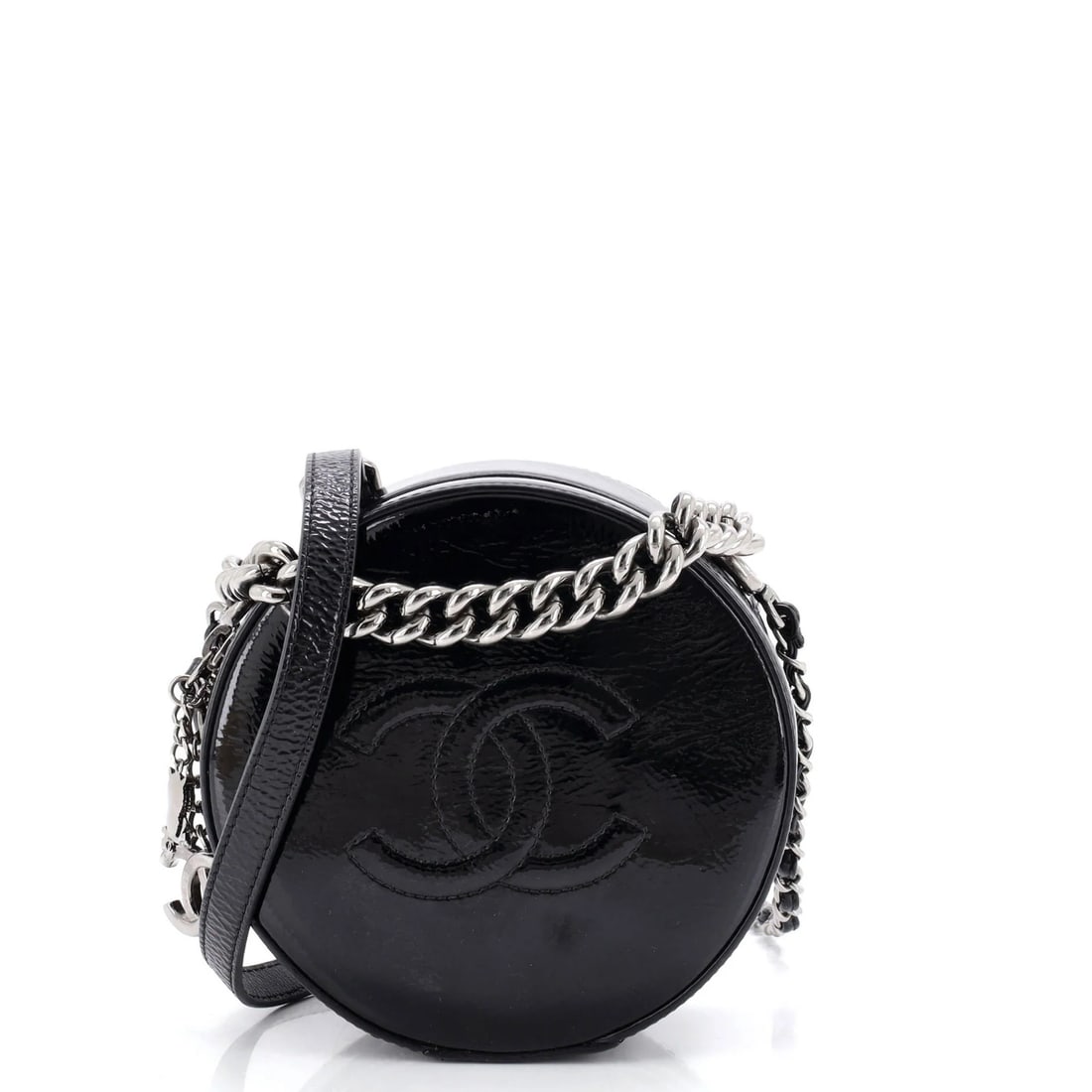 Round as Earth Crossbody Bag Patent Chanel: Round as Earth Crossbody Bag Patent Chanel Patent leather exterior adds a touch of sophistication to this Round as Earth Crossbody Bag, featuring a classic design with a subtle patent finish.