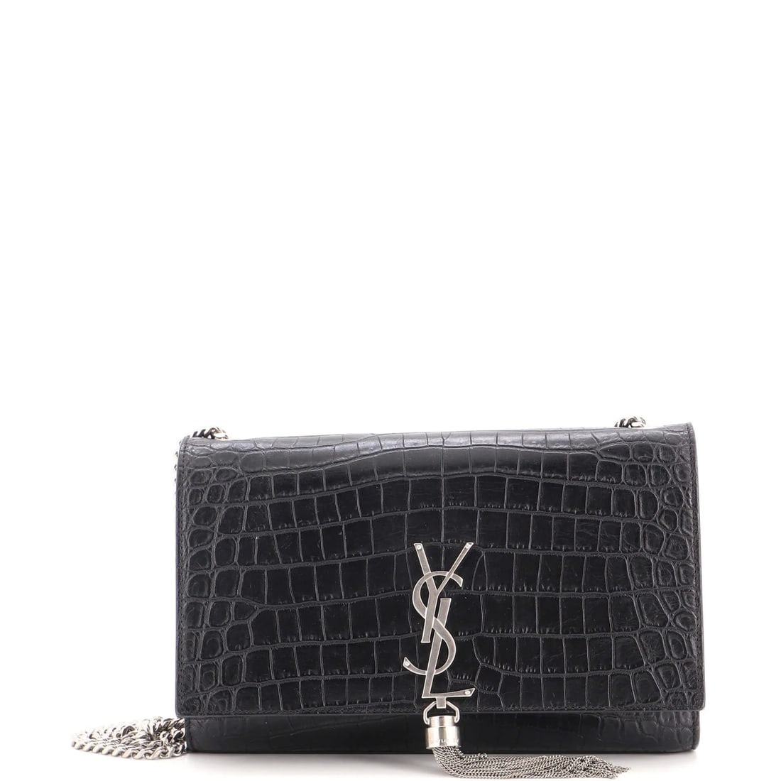 Crocodile Embossed Leather Saint Laurent Classic Tassel Bag Monogram Crossbody: Crocodile Embossed Leather Saint Laurent Classic Tassel Bag Monogram Crossbody Crocodile embossed leather adds a touch of luxury to this Saint Laurent Classic Tassel Bag Monogram Crossbody, featuring 