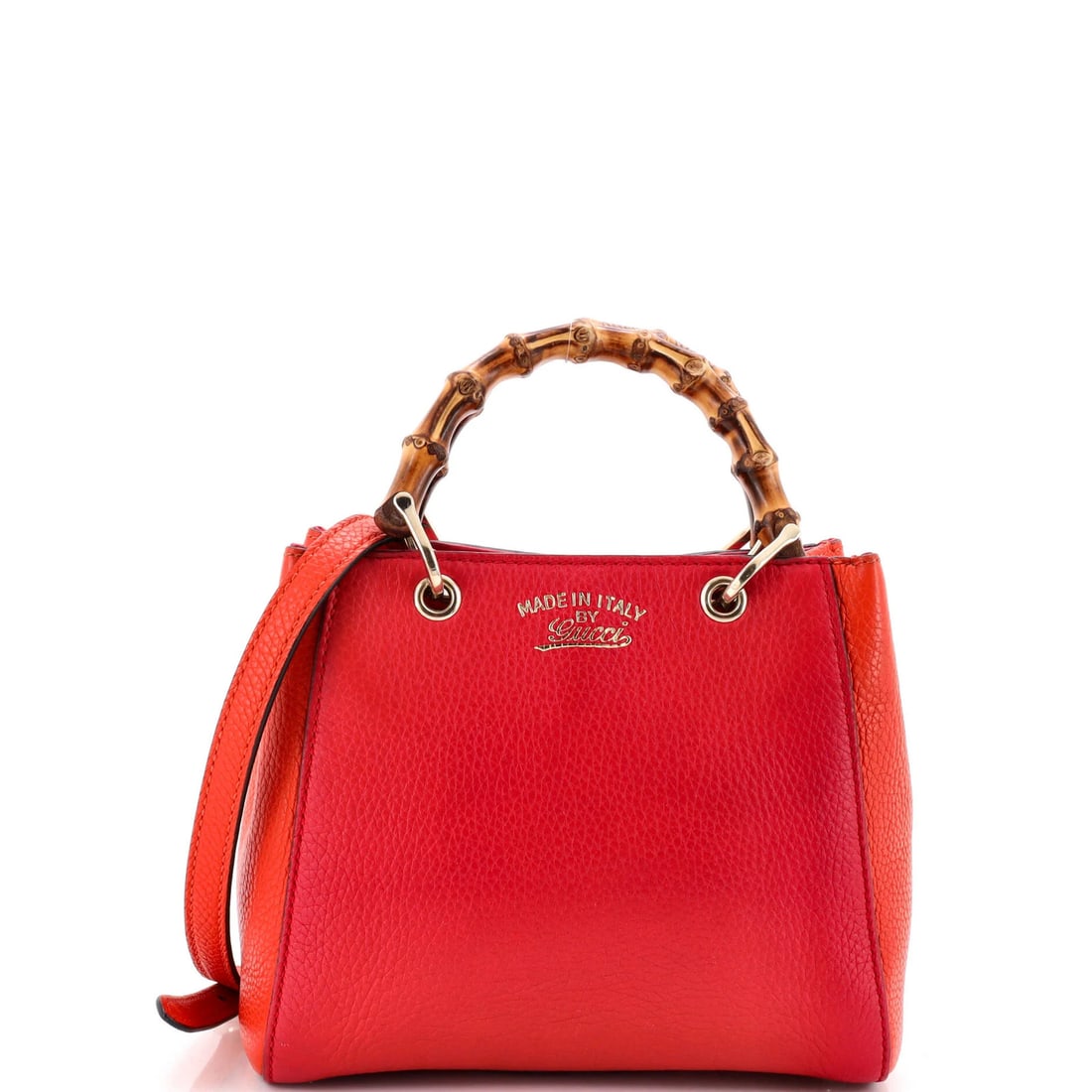 Bamboo Leather Gucci Shopper Mini Tote: Bamboo Leather Gucci Shopper Mini Tote Bamboo Leather Gucci Shopper Mini Tote in bold orange and red hues, featuring a classic top handle design and sturdy gold hardware. This mini tote boasts a
