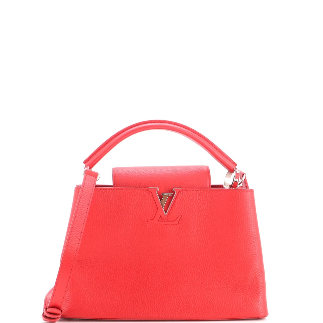 Louis Vuitton PM Leather Capucines Bag: Louis Vuitton PM Leather Capucines Bag Red Louis Vuitton PM Leather Capucines Bag with heavy corner wear, scuffs, cracking, edge wear, and minor creases. This bag features a classic top handle design 