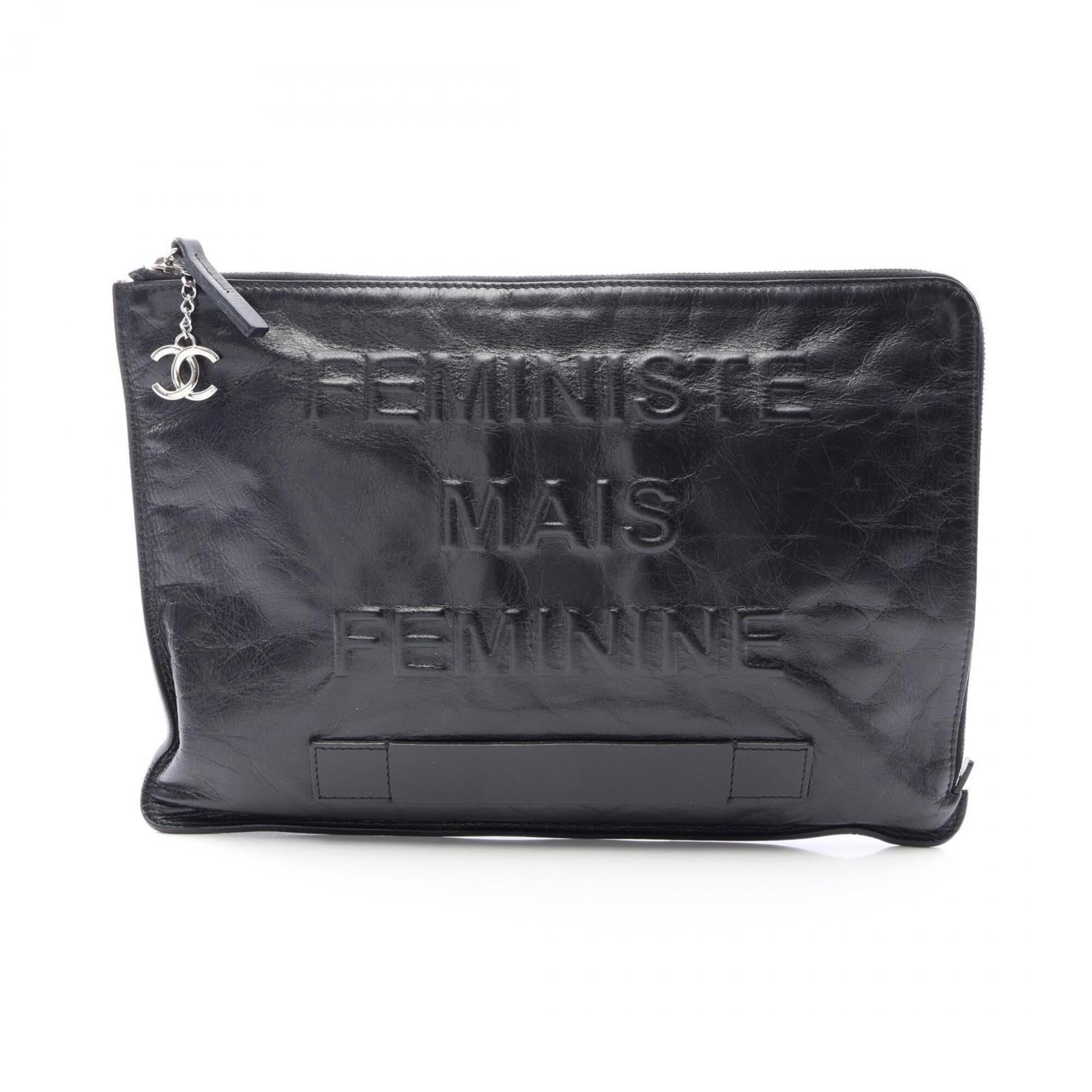 Clutch Handbag Leather Bag Chanel: Clutch Handbag Leather Bag Chanel This black leather clutch bag from Chanel measures 26cm x 36cm x 1cm, offering a sleek and sophisticated design. The bag's compact size makes it perfect for adding a