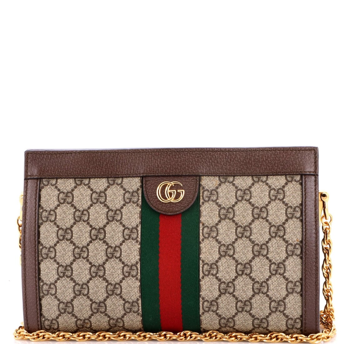 Gucci Ophidia Chain Shoulder Small GG Coated Canvas Bag: Gucci Ophidia Chain Shoulder Small GG Coated Canvas Bag Small GG Coated Canvas Bag with Brown Exterior, 17" Strap Drop, and Gold Hardware. This Gucci Ophidia Chain Shoulder Small GG Coated Canvas Bag