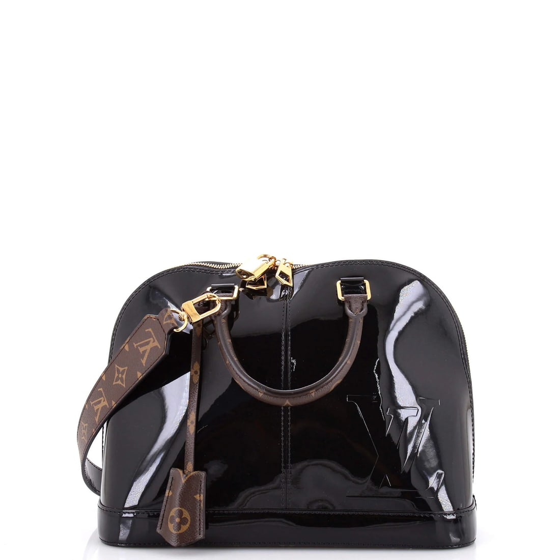 Handbag Alma Louis Vuitton Vernis with Monogram Canvas PM: Handbag Alma Louis Vuitton Vernis with Monogram Canvas PM Black Louis Vuitton Alma Vernis handbag with monogram canvas PM exterior, featuring a canvas coated, patent leather finish. The bag measures 3
