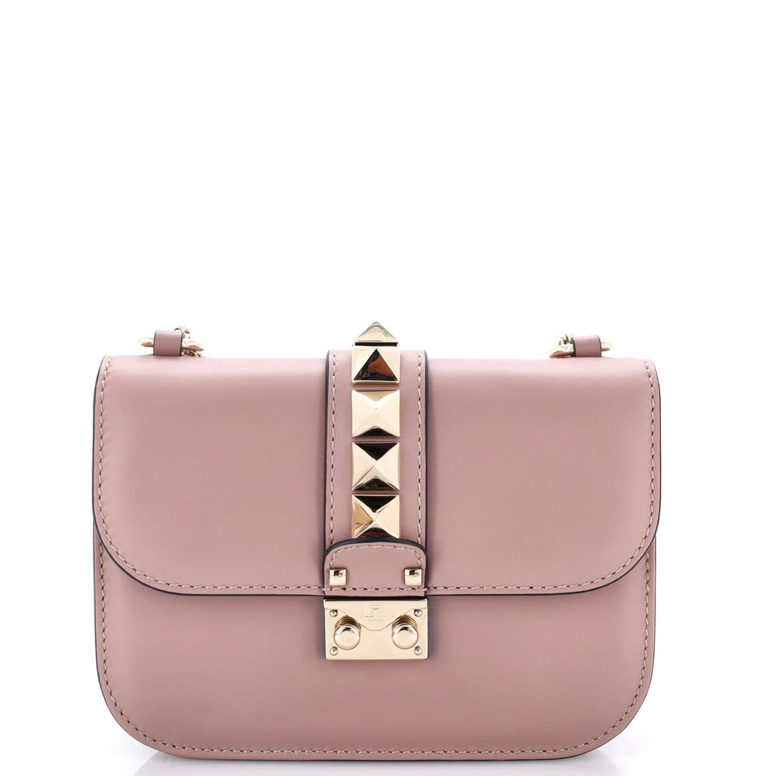 Garavani Valentino Small Leather Lock Shoulder Bag Glam: Garavani Valentino Small Leather Lock Shoulder Bag Glam Pink leather exterior, 6" tall and 8" wide, features a Glam Lock shoulder bag design with minor scuffs and creases on the exterior and minor