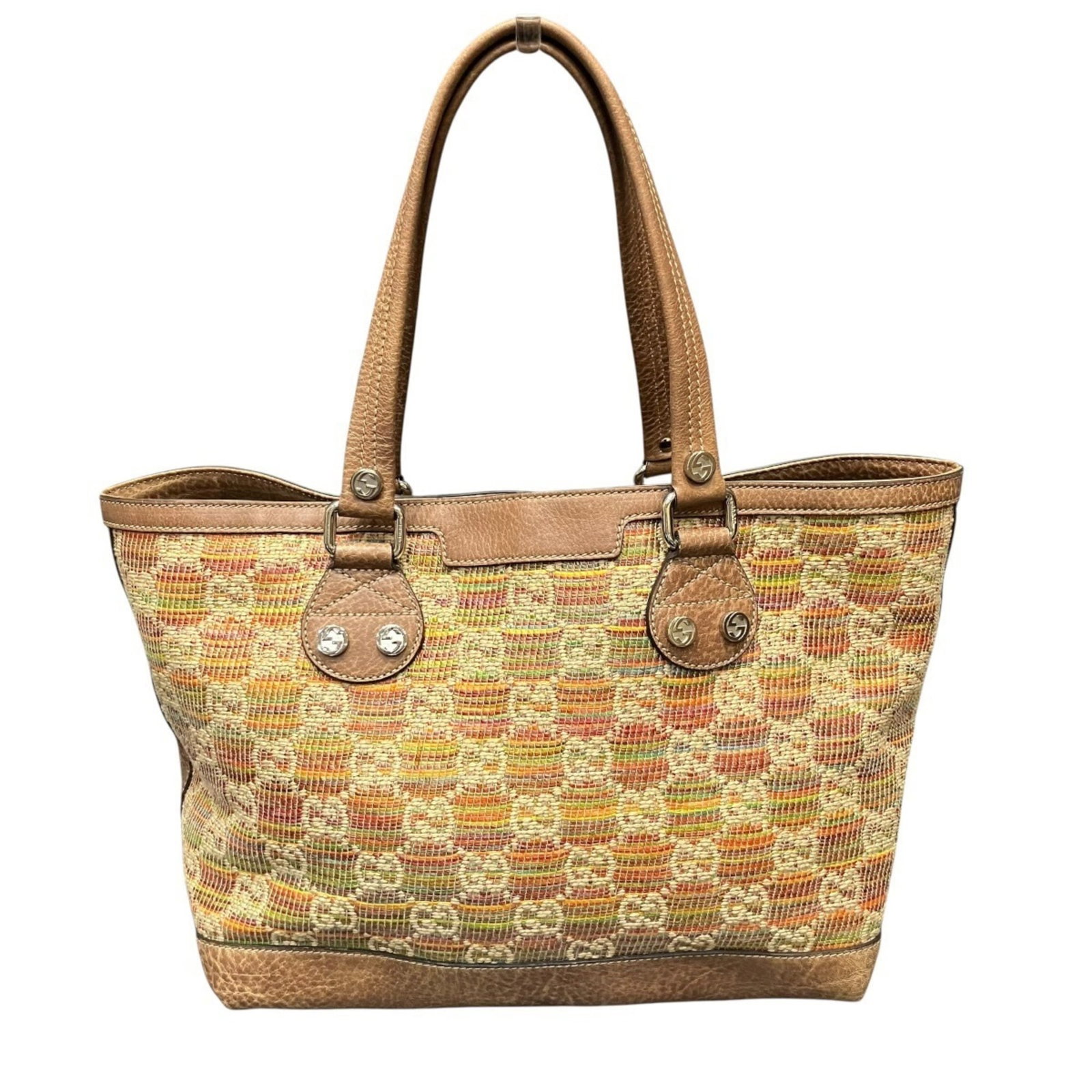 Hemp Linen Leather Gucci Tote: Hemp Linen Leather Gucci Tote Hemp, linen, and leather come together in this unique tote bag from Gucci, featuring a multi-color design and adjustable strap. The bag measures 25cm x 30cm x 15cm and