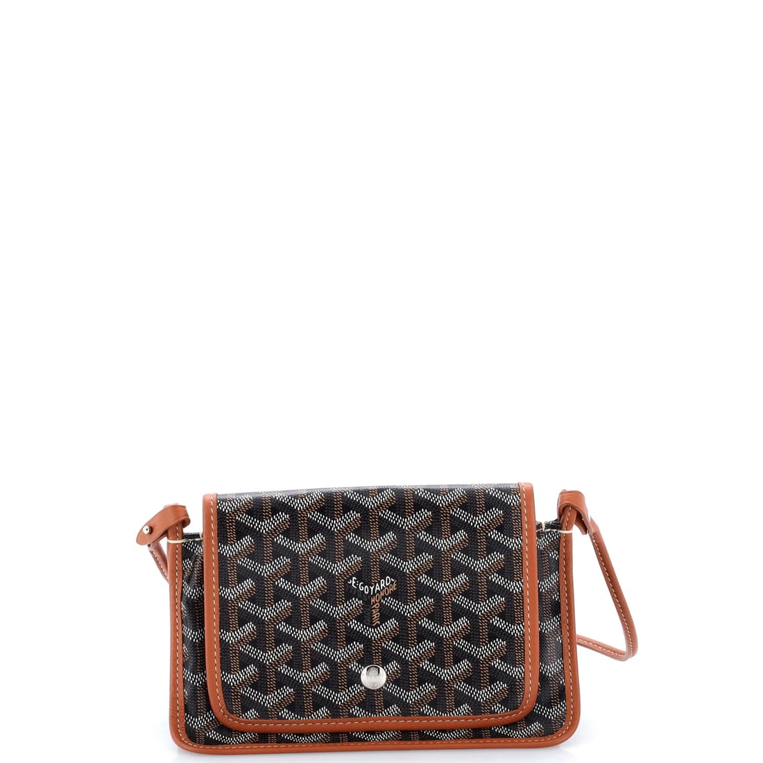 Goyard Canvas Coated Wallet Plumet Clutch: Goyard Canvas Coated Wallet Plumet Clutch Brown Goyard Canvas Coated Plumet Clutch with Silver Hardware, featuring a cross body design with minor creases and scuffs, and a neutral interior. The