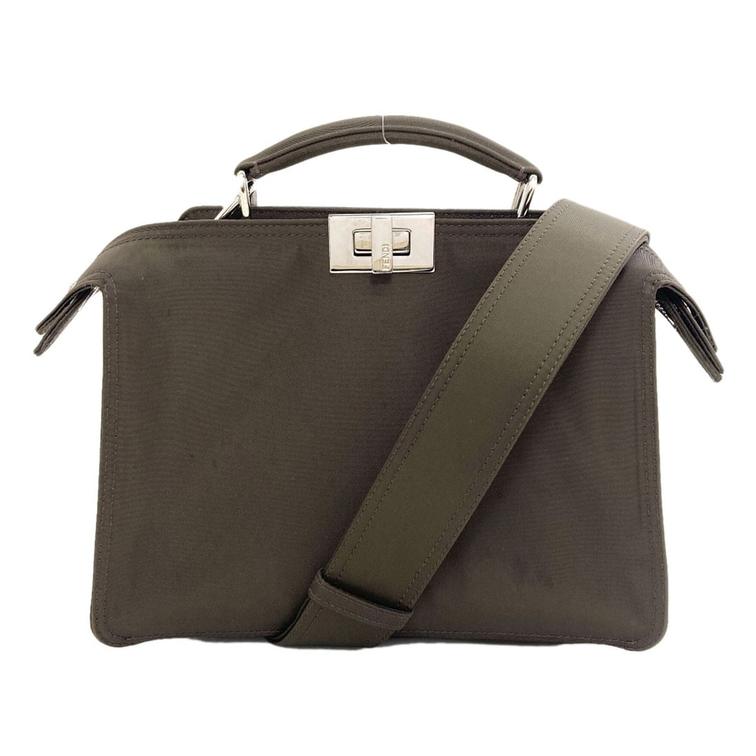 Handbag Nylon 2Way Peekaboo See Fendi I: Handbag Nylon 2Way Peekaboo See Fendi I Green Fendi Handbag with Turn Lock Closure. This 2Way Peekaboo handbag features a durable nylon exterior and measures 7.9 inches in height and 9.4 inches in