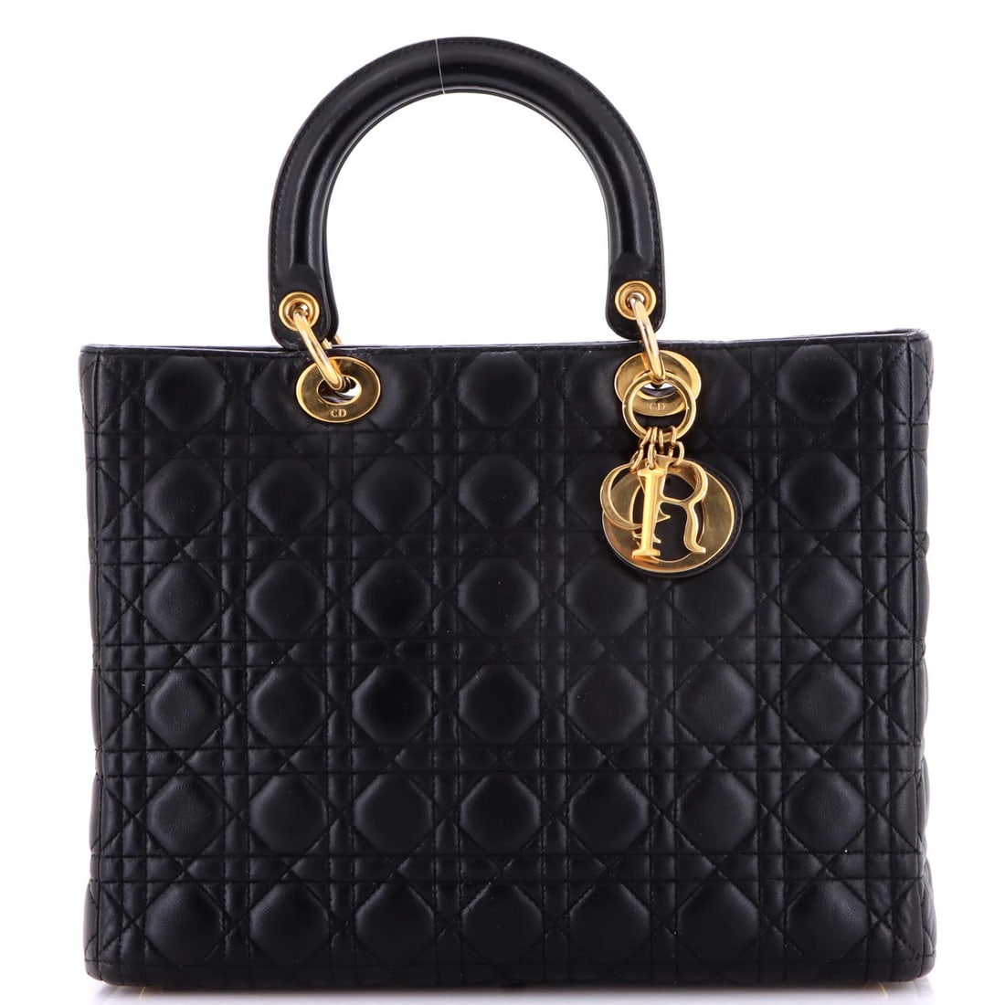Lady Dior Bag Lambskin Cannage Quilt Large Christian Dior: Lady Dior Bag Lambskin Cannage Quilt Large Christian Dior The Lady Dior Bag in Lambskin Cannage Quilt Large features a striking black exterior with intricate details, measuring 10" in height, 12.5"