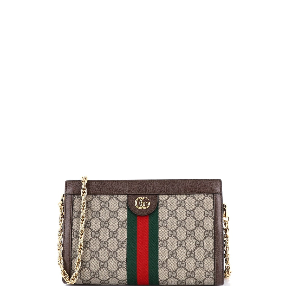 Gucci Ophidia Chain Shoulder Small GG Coated Canvas Bag: Gucci Ophidia Chain Shoulder Small GG Coated Canvas Bag The Gucci Ophidia Chain Shoulder Small GG Coated Canvas Bag boasts a stylish brown canvas exterior with a subtle GG pattern, complemented by sat