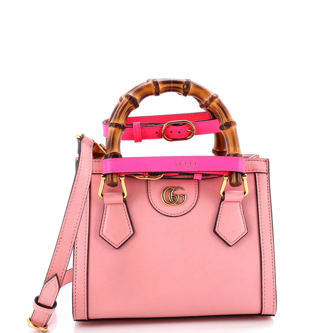 Gucci Leather Mini Bamboo Handle Tote Diana NM: Gucci Leather Mini Bamboo Handle Tote Diana NM Pink leather mini cross body bag with bamboo handle, featuring a neutral microfiber interior and gold hardware. Minor scuffs and creases on exterior, wit