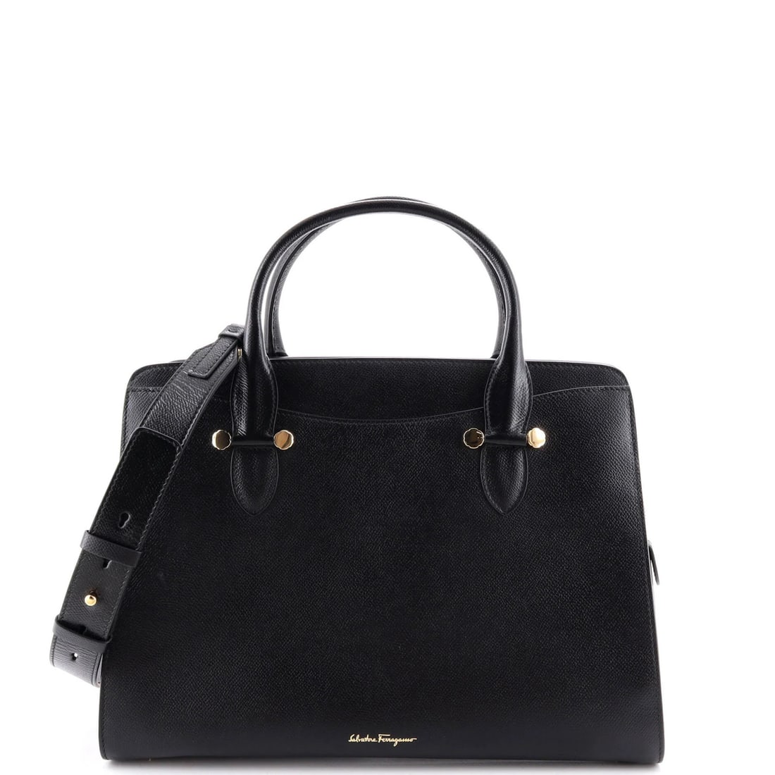 Salvatore Ferragamo satchel leather large: Salvatore Ferragamo satchel leather large Black leather large satchel with satin interior, gold hardware, and adjustable strap. Measuring 9.5" tall, 13" wide, and 5" deep, this Salvatore Ferragamo