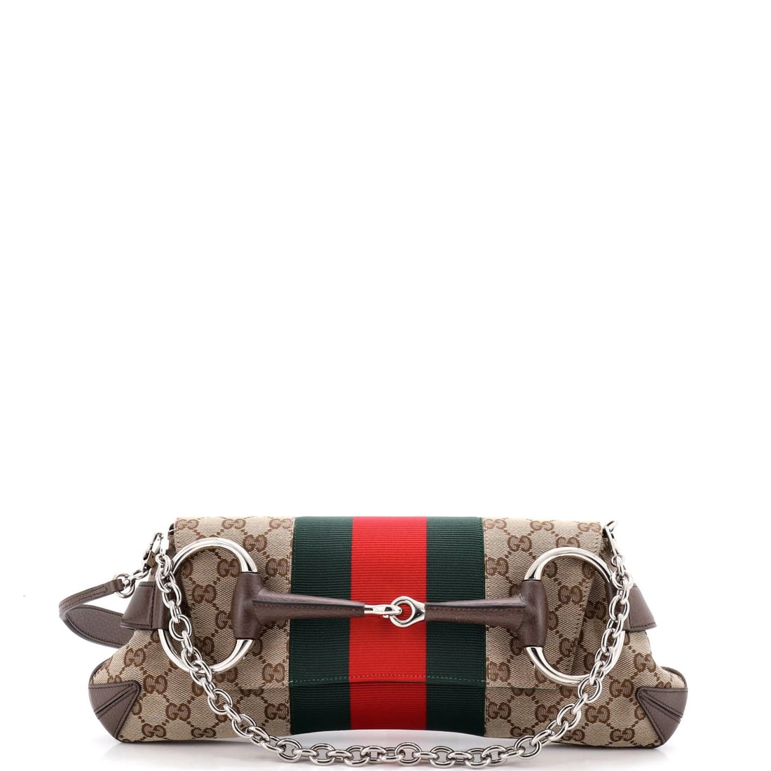 Horsebit NM Web Chain Clutch Canvas Medium: Horsebit NM Web Chain Clutch Canvas Medium This Gucci Horsebit NM Web Chain Clutch in medium size boasts a classic design with a timeless appeal. Crafted from high-quality canvas and plain leather, th