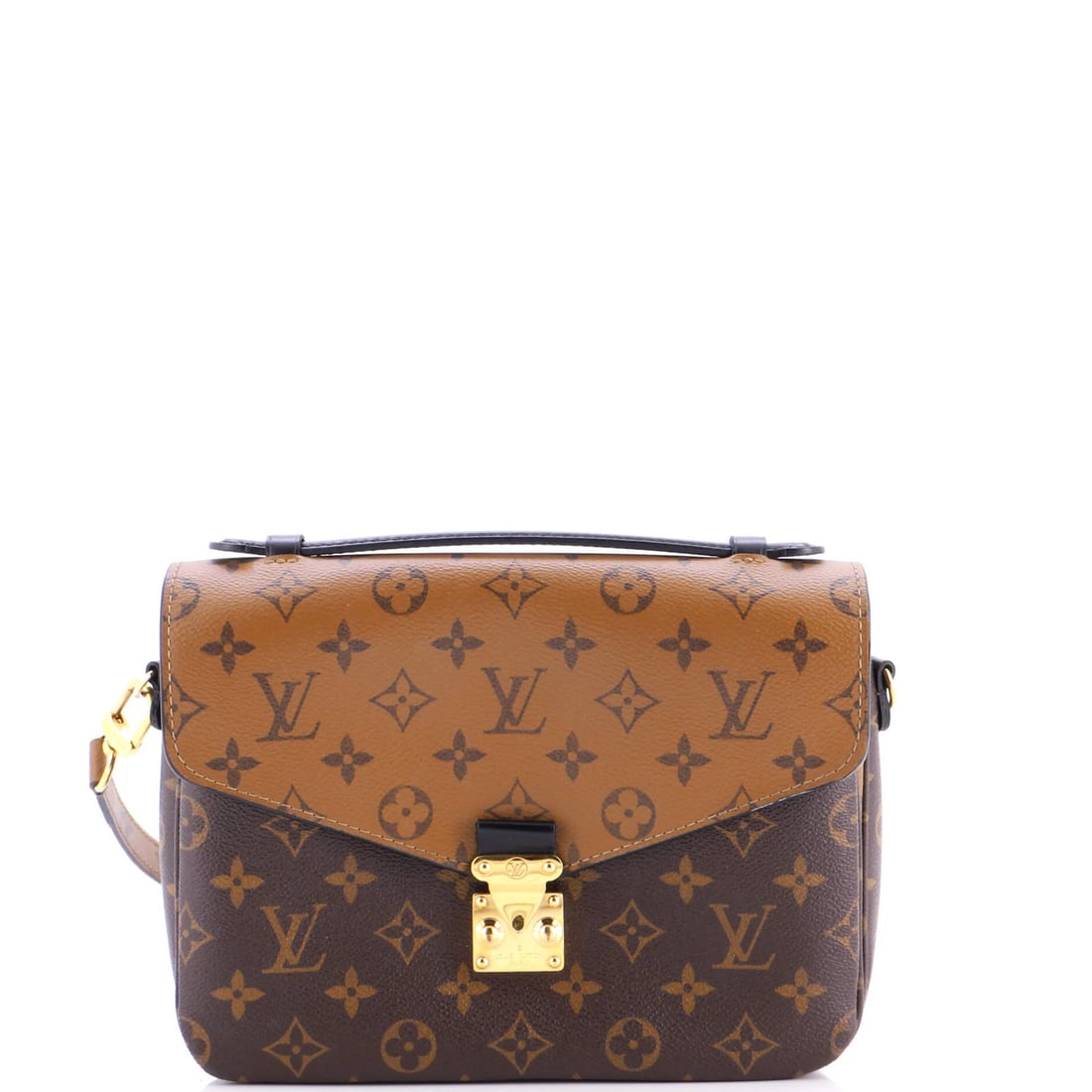 Monogram Reverse Canvas Pochette Louis Vuitton: Monogram Reverse Canvas Pochette Louis Vuitton This Louis Vuitton Pochette Metis Reverse Monogram Canvas Cross Body Bag boasts a rich brown exterior with a canvas-coated finish, featuring the iconic m