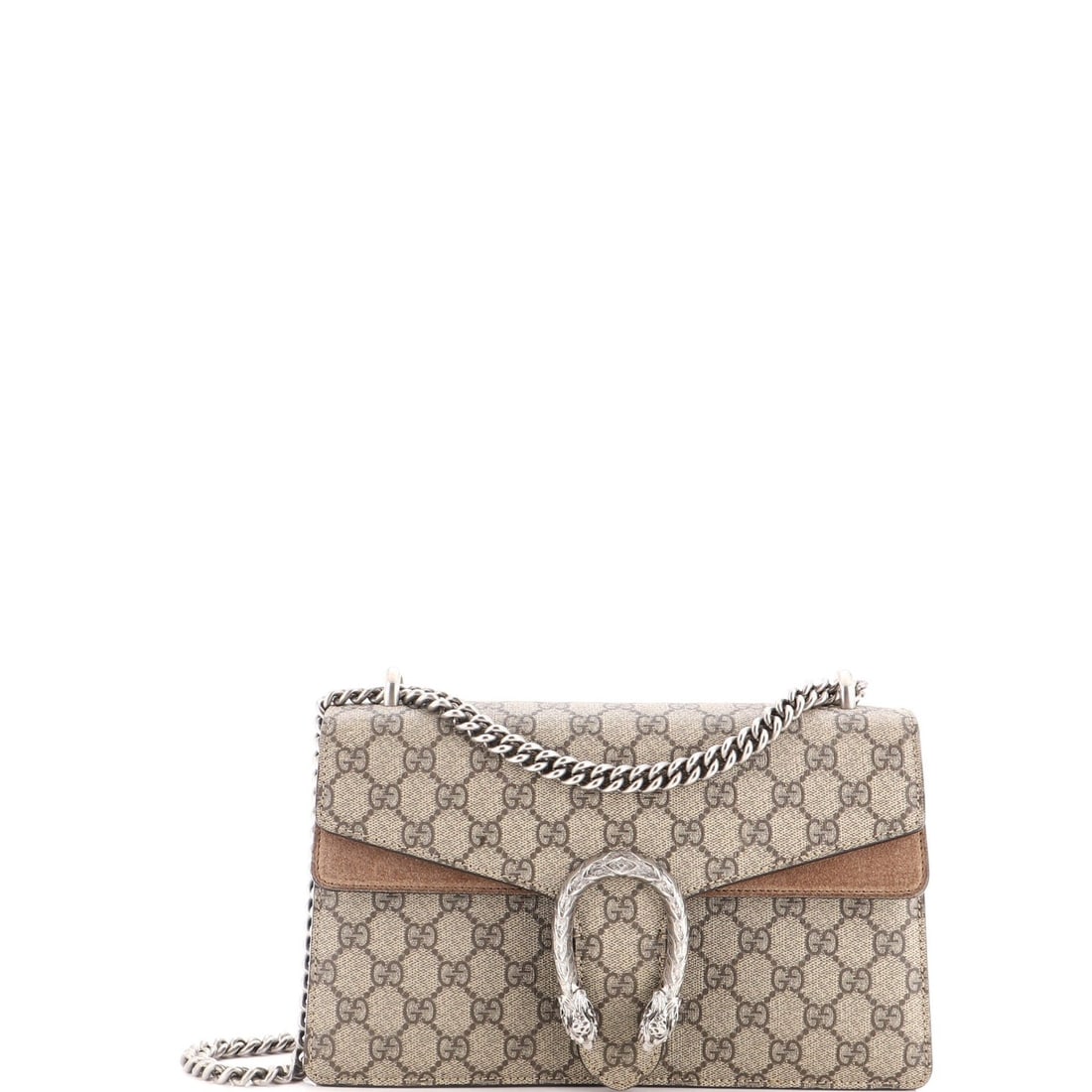 Small coated canvas bag GG Gucci Dionysus: Small coated canvas bag GG Gucci Dionysus Small GG Gucci Dionysus bag in brown coated canvas, featuring a silver buckle and suede interior, with a signature on the interior. The bag has a small size,
