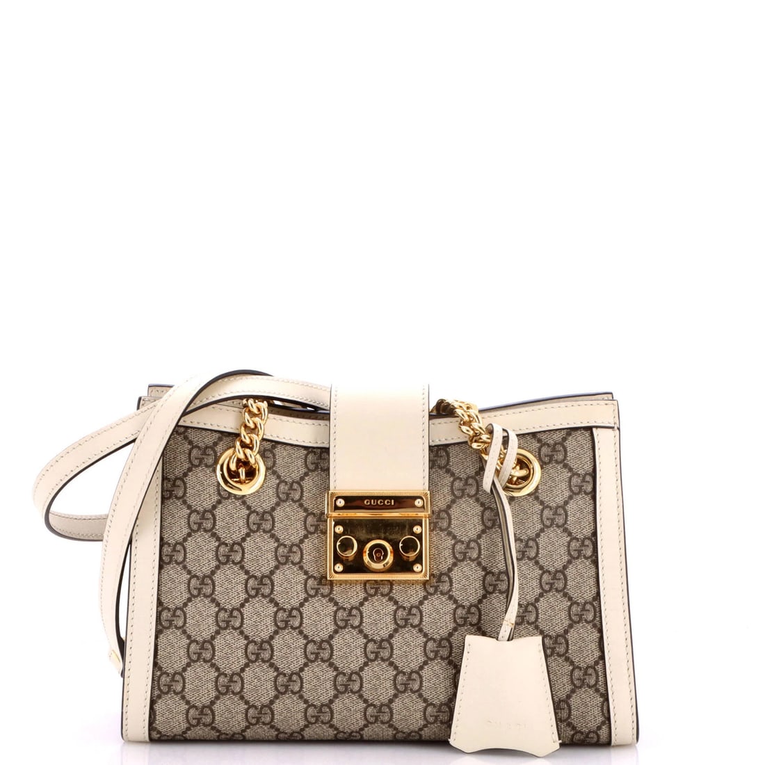 Gucci small GG canvas coated leather tote padlock chain: Gucci small GG canvas coated leather tote padlock chain Small Gucci GG Canvas Coated Leather Tote Padlock Chain Bag. This white leather tote features a unique padlock chain design, perfect for adding