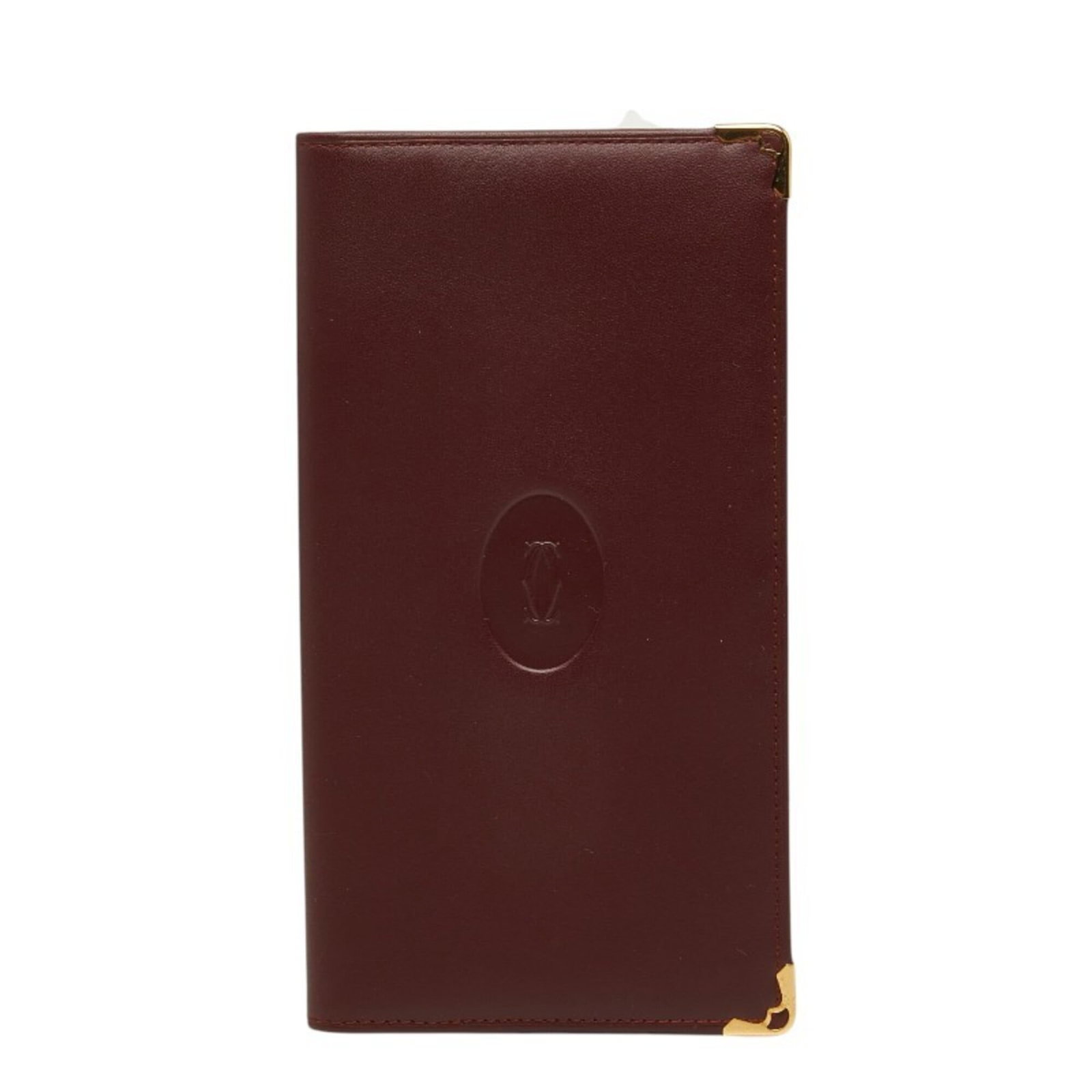 Cartier leather wallet bi fold: Cartier leather wallet bi fold Bordeaux leather bi-fold wallet from Cartier, featuring a classic design with a long, elegant shape and premium leather construction. The subtle Bordeaux color adds a