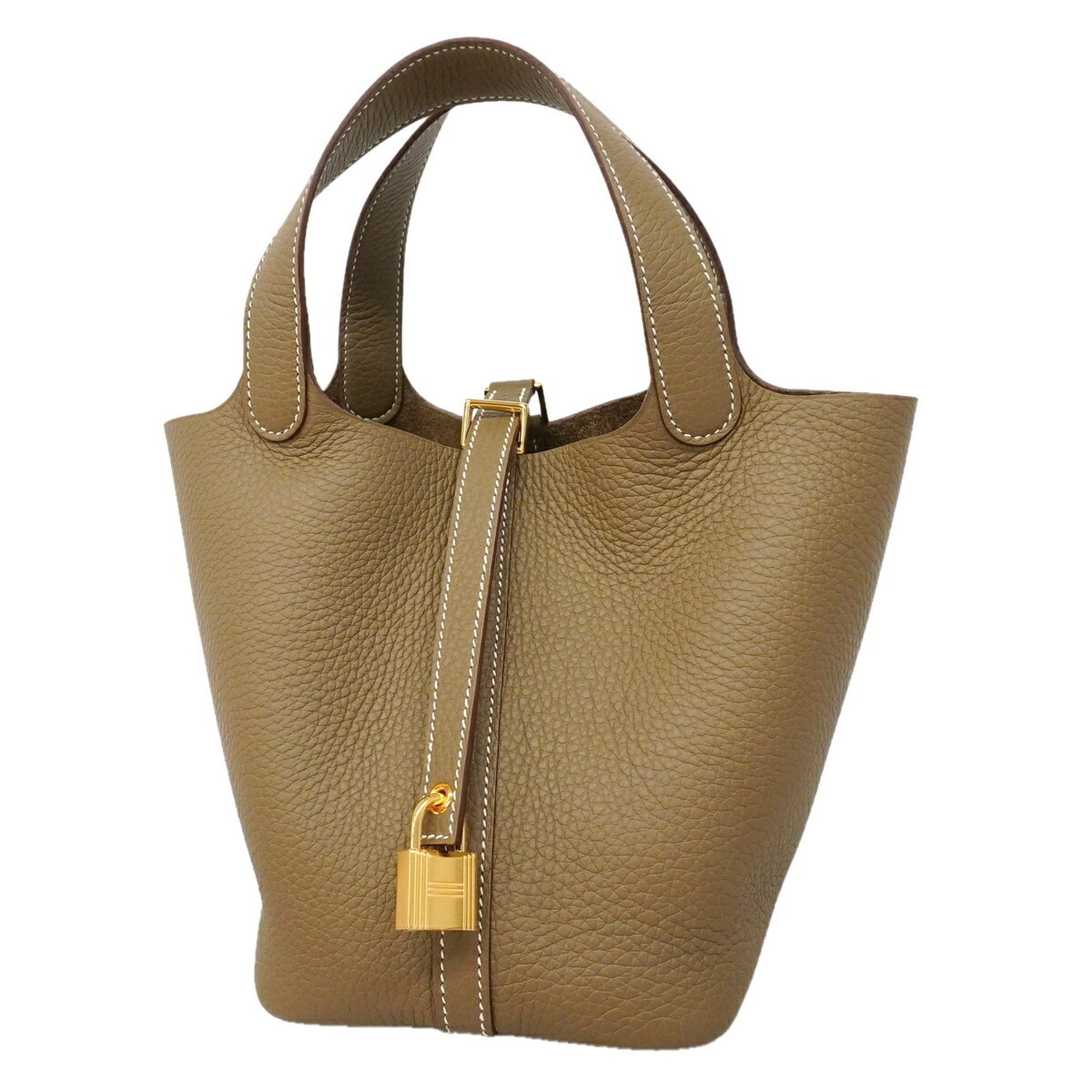 Clemence Leather Handbag Taurillon Hermes: Clemence Leather Handbag Taurillon Hermes Taurillon Clemence leather handbag from Hermes, featuring a timeless Etoupe gray color and gold hardware, with a sleek 19cm x 18cm x 13cm size. This stylish b