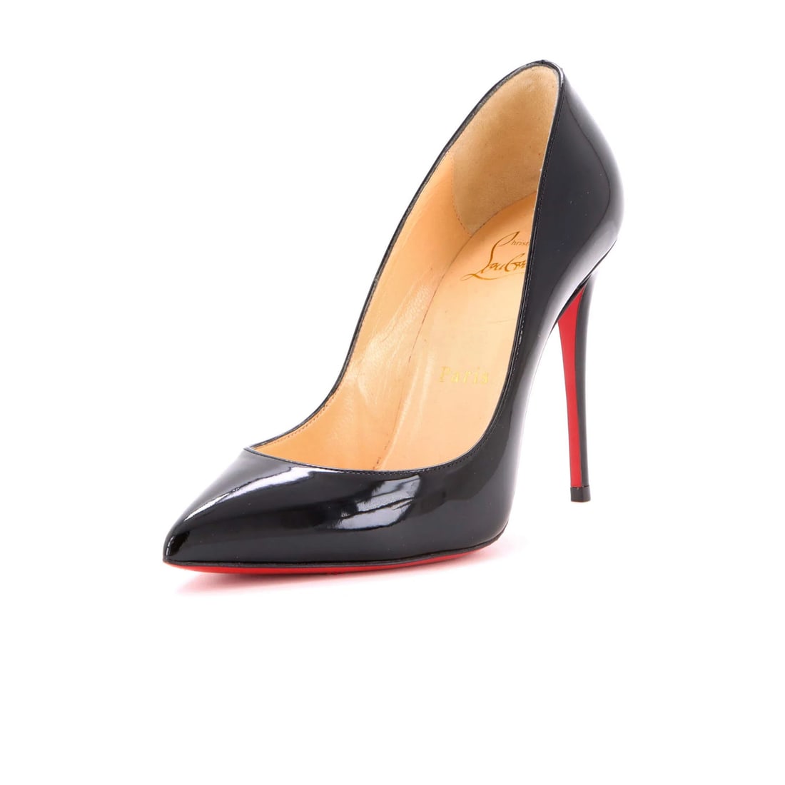 Christian Louboutin Women's Follies Pigalle Leather Pumps 100: Christian Louboutin Women's Follies Pigalle Leather Pumps 100 Black patent leather Christian Louboutin Women's Follies Pigalle Leather Pumps 100, featuring a neutral interior and minor creasing and