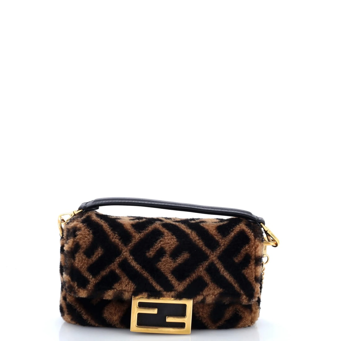 Baguette Shearling Mini Fendi Zucca Bag: Baguette Shearling Mini Fendi Zucca Bag Shearling trim adds a luxurious touch to this Brown Mini Fendi Zucca Bag, featuring a cross body design and gold hardware. With its rich, brown exterior and
