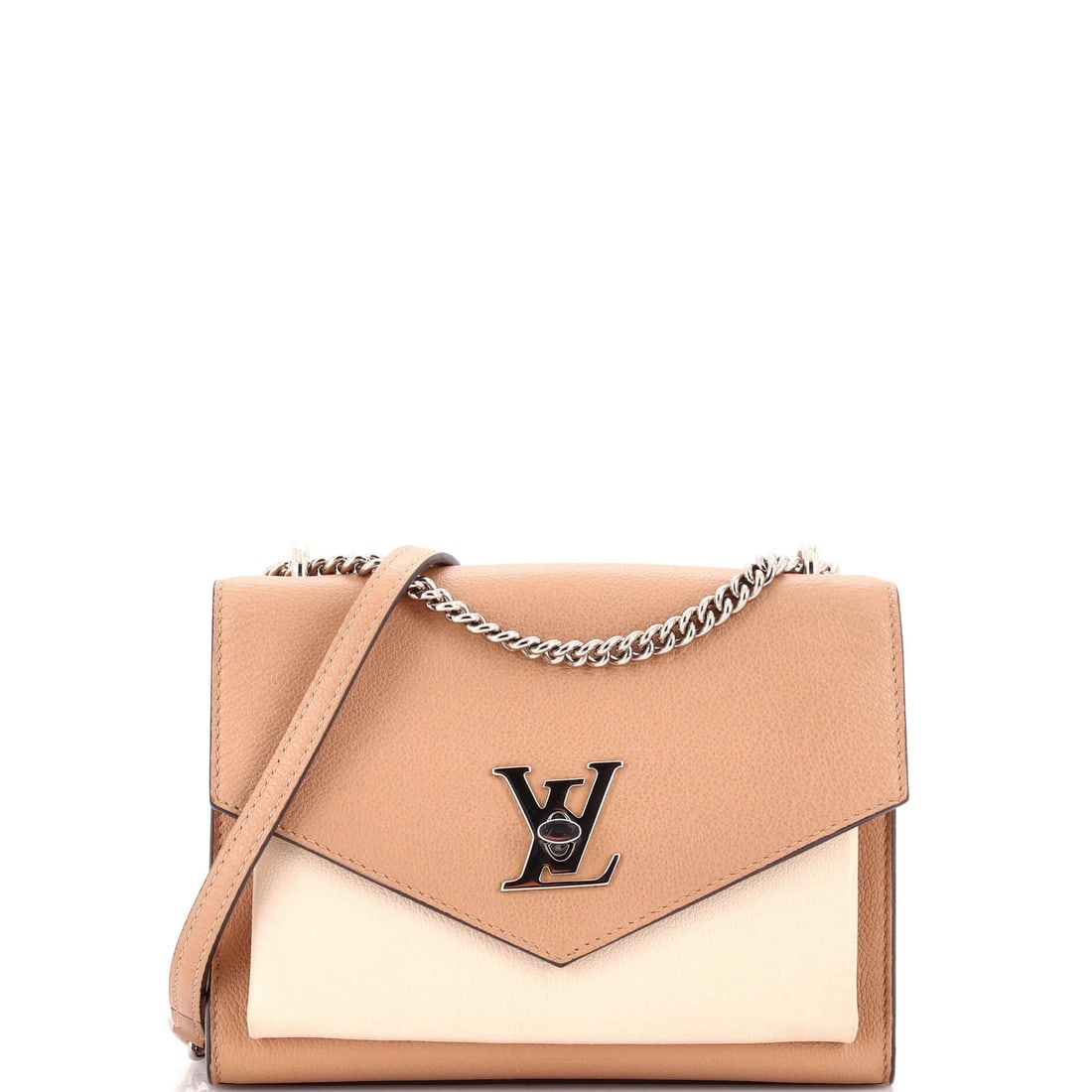 Mylockme Handbag Leather Louis Vuitton: Mylockme Handbag Leather Louis Vuitton Mylockme Handbag Leather Louis Vuitton features a neutral exterior with scuffs, edge wear, and minor creases, giving it a worn, authentic look. The interior is