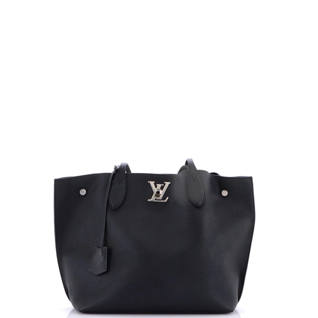 Louis Vuitton Leather Lockme Go Tote: Louis Vuitton Leather Lockme Go Tote Black Louis Vuitton Lockme Go Tote with minor scuffs, creases, and corner wear, featuring silver hardware and a microfiber interior. Measuring 8" handle drop, 11"