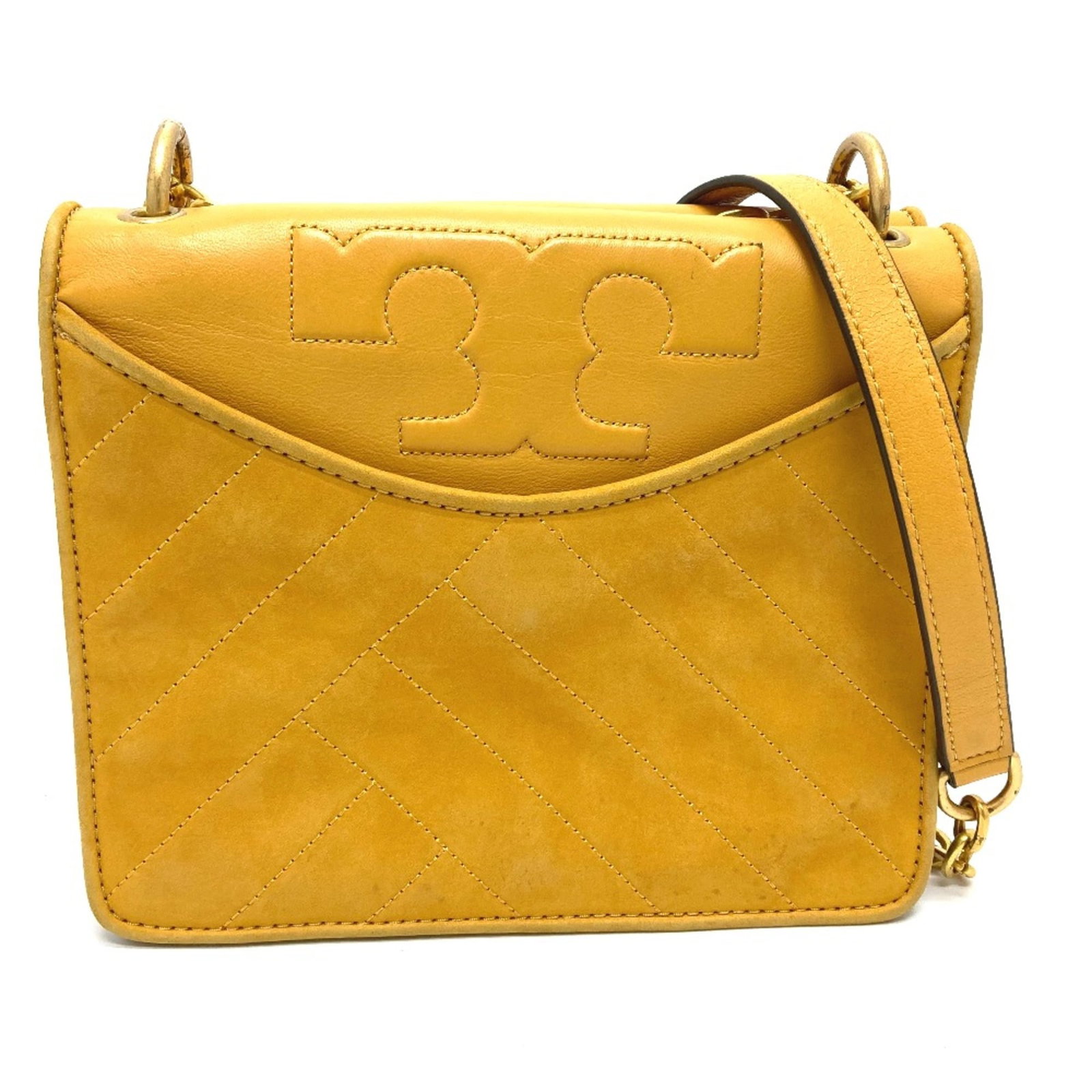 Shoulder Bag Leather Tory Burch: Shoulder Bag Leather Tory Burch Yellow leather shoulder bag from Tory Burch, featuring a classic design with clean lines and a timeless yellow color. Measuring 21cm x 17.5cm x 7.5cm, this bag has a