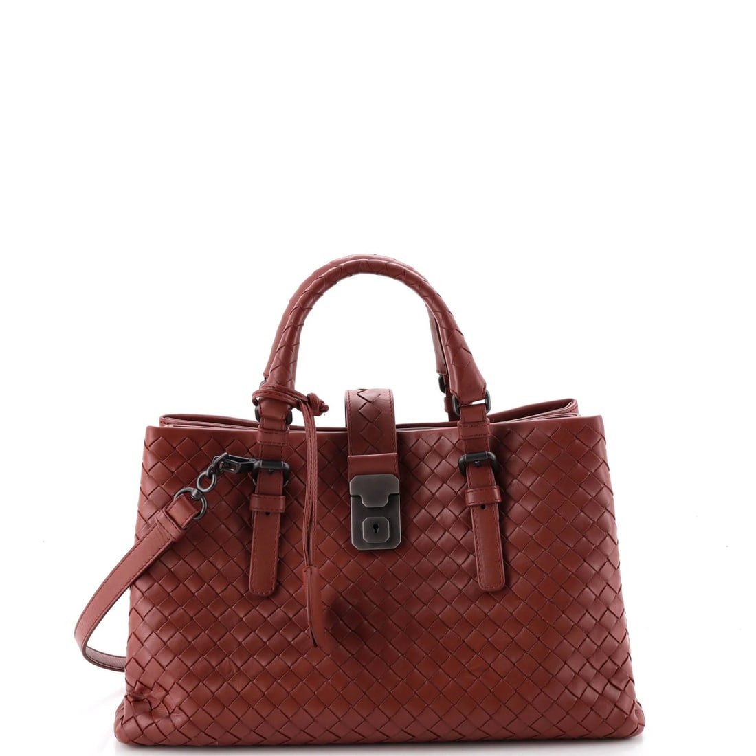 Intrecciato Roma Nappa Small Bottega Veneta Bag: Intrecciato Roma Nappa Small Bottega Veneta Bag Small Intrecciato Roma Nappa Bag in Red Leather. This Bottega Veneta tote boasts iconic Intrecciato woven details and a sleek, all-red design.