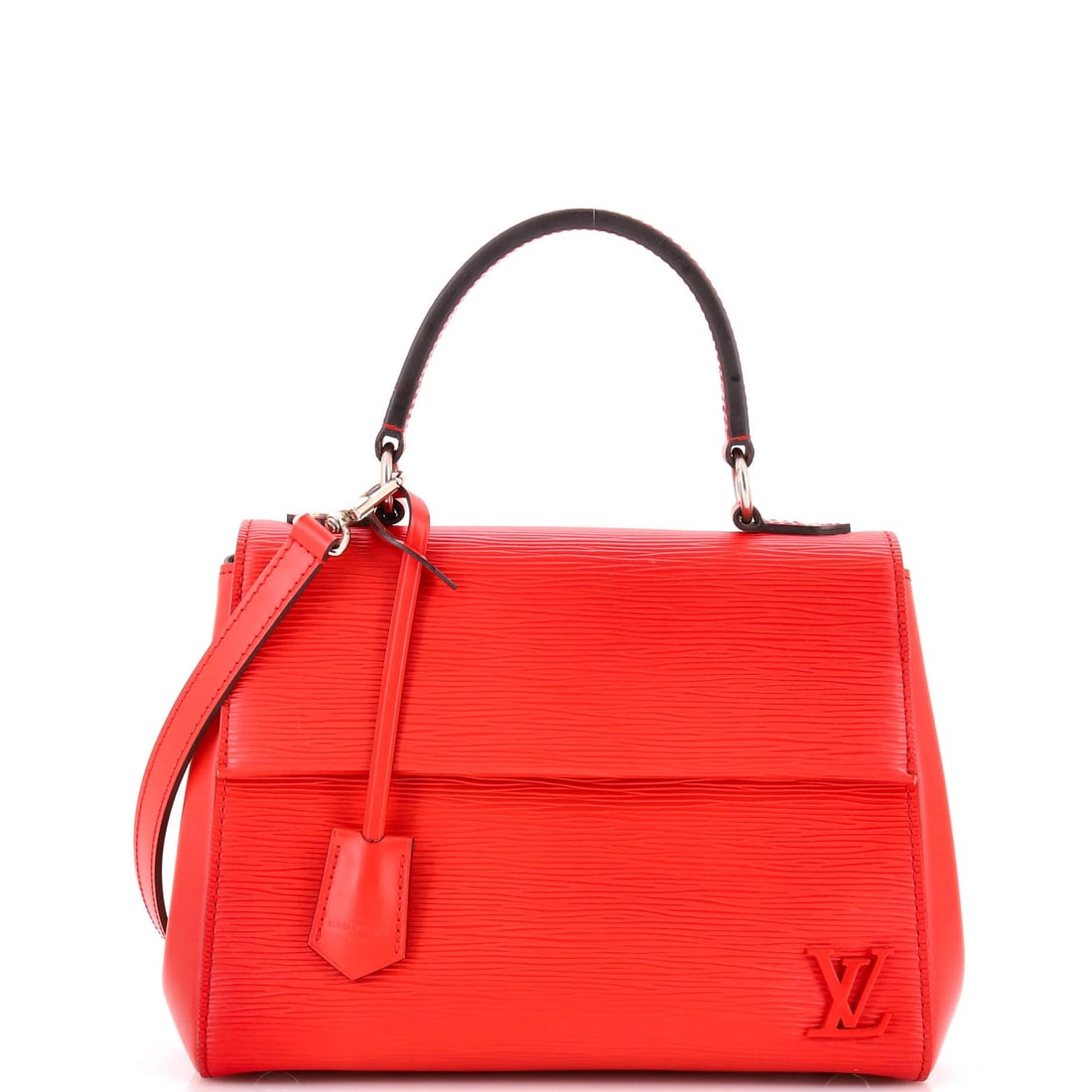 Louis Vuitton Cluny Top Handle Bag Epi Leather BB: Louis Vuitton Cluny Top Handle Bag Epi Leather BB Red Louis Vuitton Cluny Top Handle Bag Epi Leather BB, featuring a classic top handle design and scuffed exterior, measures 8" tall and 10" wide,