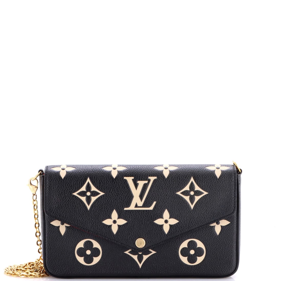 Vuitton Monogram Pochette Empreinte Bicolor Felicie Giant Louis: Vuitton Monogram Pochette Empreinte Bicolor Felicie Giant Louis The Louis Vuitton Felicie Giant Pochette Bicolor Monogram Empreinte is a unique and stylish cross body bag featuring the iconic Monogram