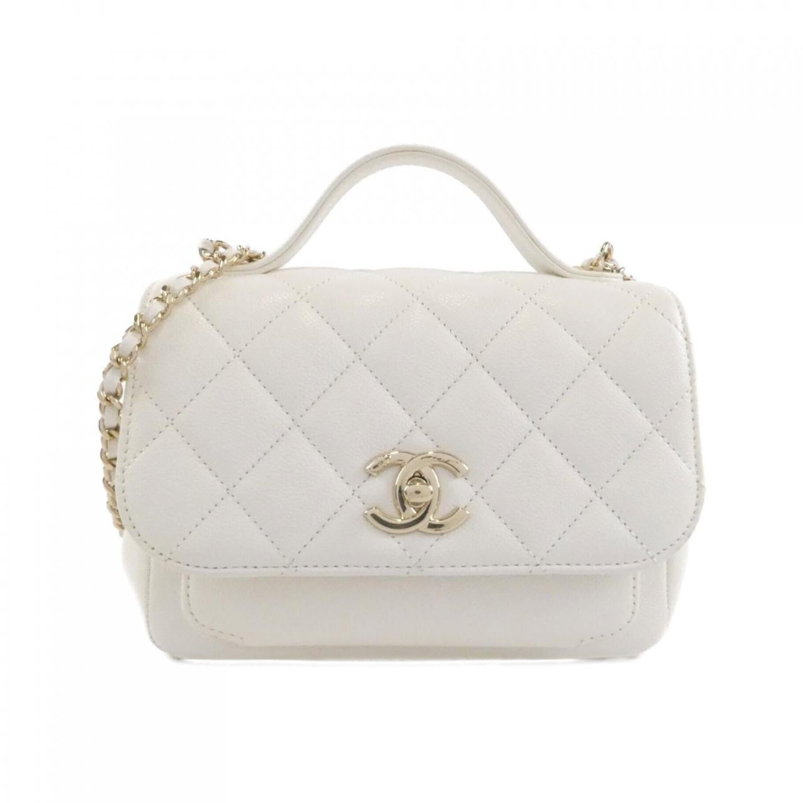 Calfskin Handbag Chanel: Calfskin Handbag Chanel This Calfskin Handbag Chanel features a classic design with a white grained calfskin material, measuring 14cm x 19cm x 7cm. The bag's clean lines and timeless style make it a v