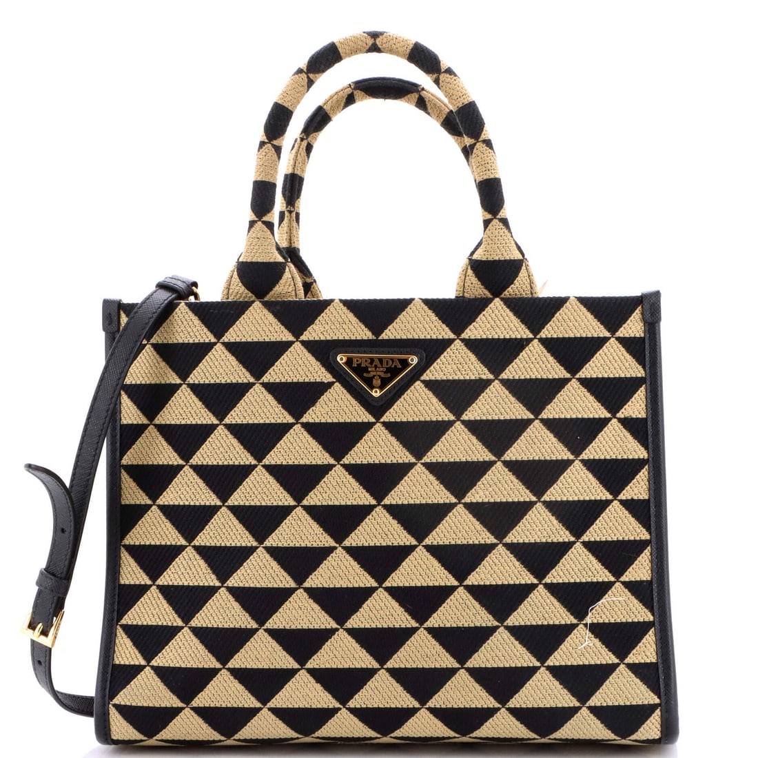 Symbole Shopper Small Prada Tote Jacquard: Symbole Shopper Small Prada Tote Jacquard Small Prada Symbole Shopper Tote Jacquard in Black Canvas with Gold Hardware. This small tote features a classic design with a jacquard pattern, measuring