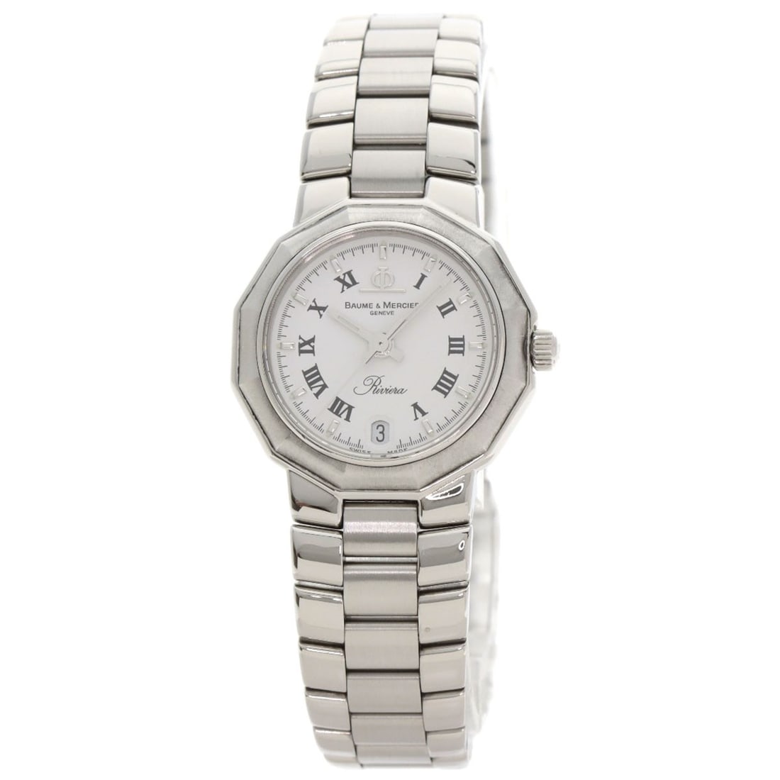 Baume & Mercier Riviera Watches Mv040078 Stainless Steel/ Stainless Steel: Baume & Mercier Riviera Watches Mv040078 Stainless Steel/ Stainless Steel Stainless steel case with a silver bezel and white dial, this Baume & Mercier Riviera watch boasts a classic design. Measuring