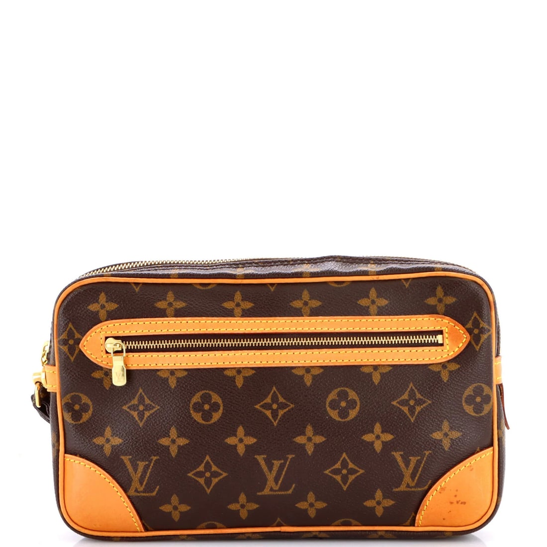 Dragonne Monogram Canvas Clutch Vuitton Marly Louis: Dragonne Monogram Canvas Clutch Vuitton Marly Louis Brown Marly Louis Vuitton Dragonne Monogram Canvas Clutch with Gold Hardware, featuring a canvas-coated exterior with minor scuffs and creases, and