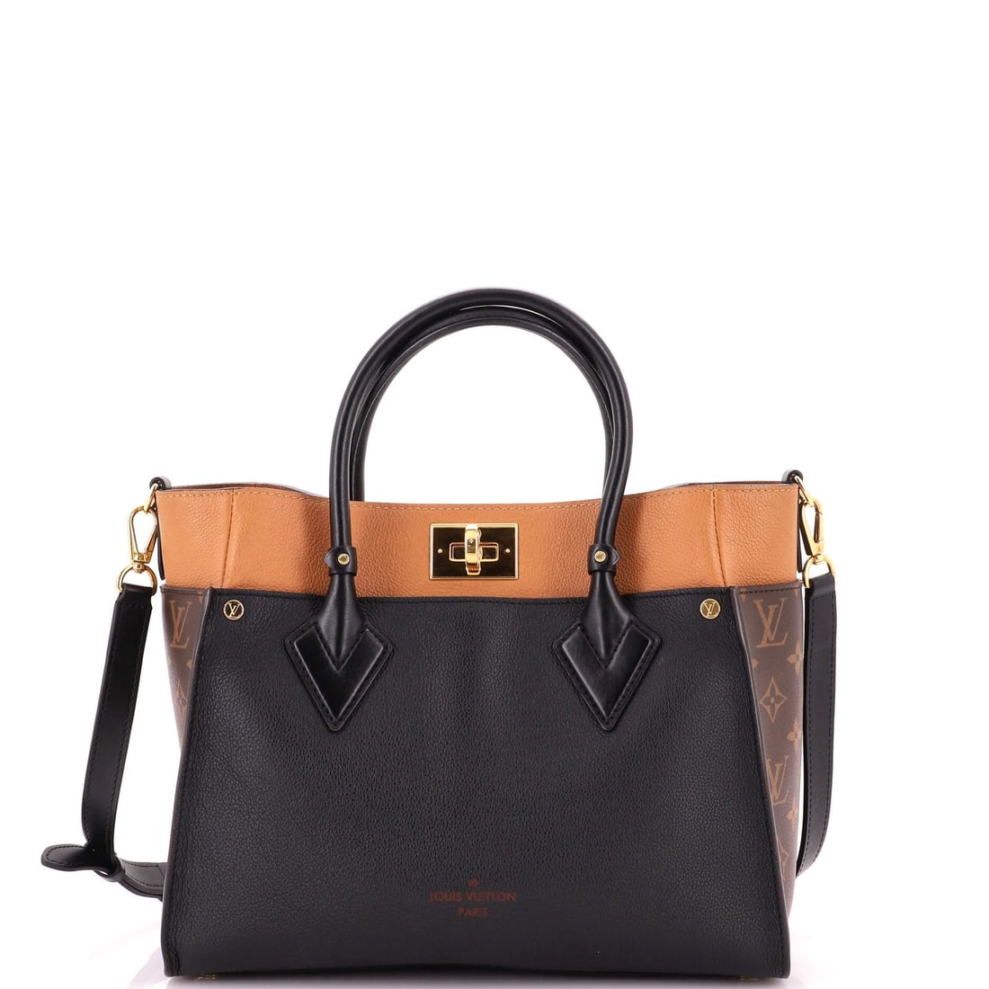On My Side Tote Leather with Monogram Canvas MM: On My Side Tote Leather with Monogram Canvas MM Black On My Side Tote Leather with Monogram Canvas MM features a canvas-coated leather exterior and a neutral microfiber interior. The gold hardware