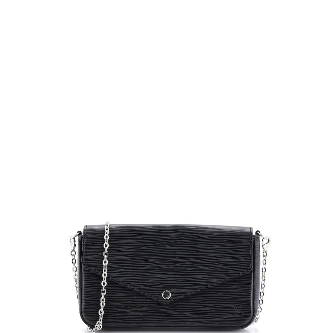 Felicie Pochette Epi Leather Louis Vuitton: Felicie Pochette Epi Leather Louis Vuitton Black leather cross body bag with a pochette design, featuring a silver strap and microfiber interior. The exterior shows signs of wear, including scuffs,