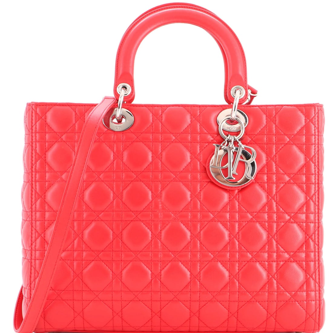 Lady Dior Bag Lambskin Cannage Quilt Large Christian Dior: Lady Dior Bag Lambskin Cannage Quilt Large Christian Dior The Lady Dior Bag Lambskin Cannage Quilt Large in red is a stunning, large tote with a quilted design and lambskin exterior. Its silver hardwa