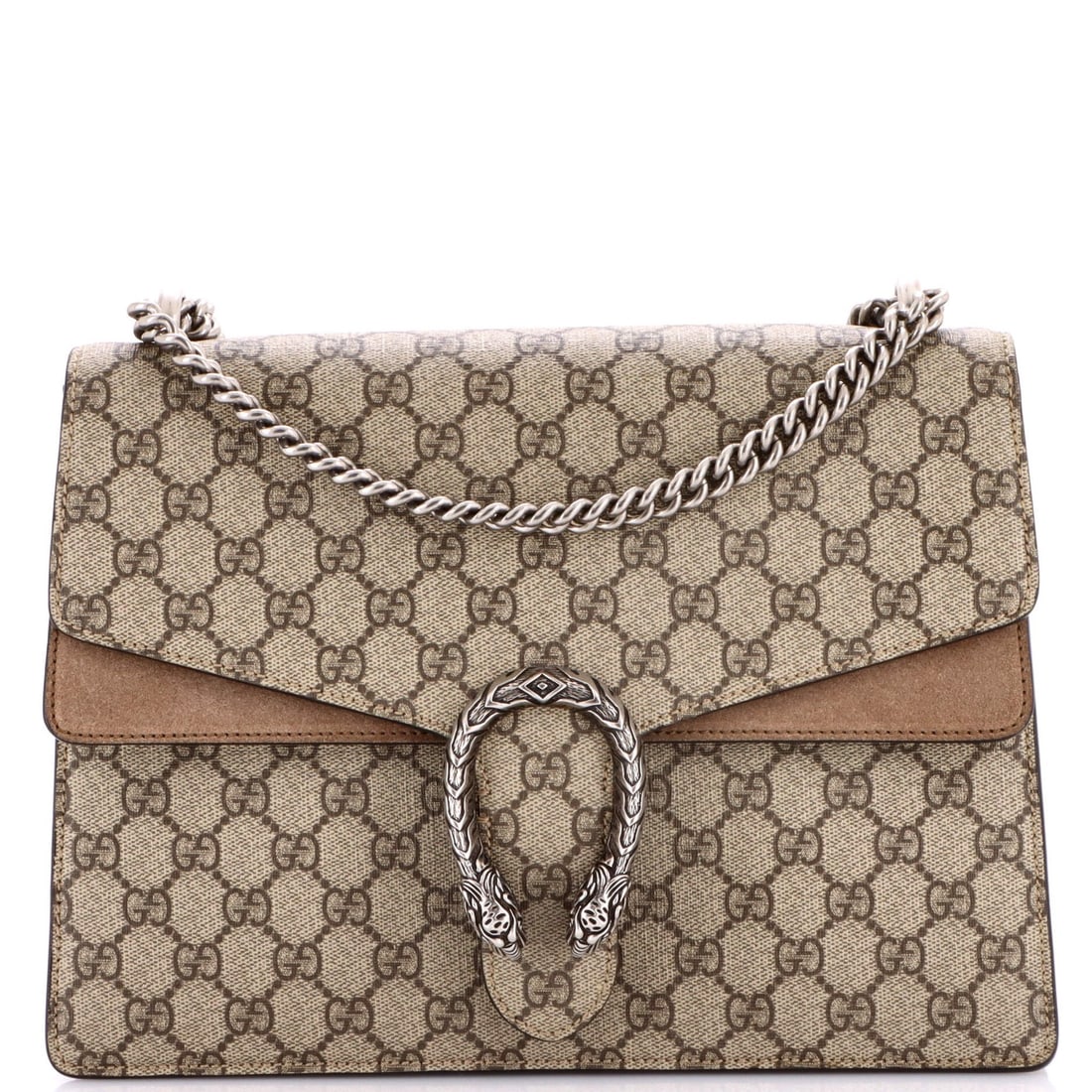 GG Coated Canvas Bag Medium Gucci Dionysus: GG Coated Canvas Bag Medium Gucci Dionysus Medium Gucci Dionysus Bag with GG Coated Canvas Exterior in Brown, featuring a classic shoulder bag design with a 15" strap drop. The bag's exterior shows si