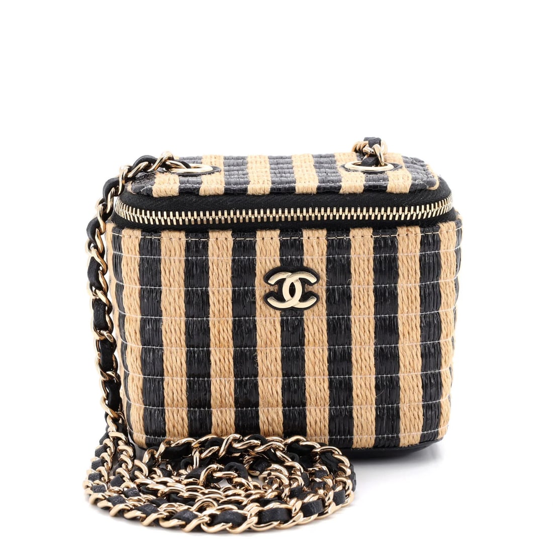 Chain Striped Raffia Case with Jute Mini Chanel: Chain Striped Raffia Case with Jute Mini Chanel Chain Striped Raffia Case with Jute Mini Chanel - A stylish and versatile accessory, this mini cross body bag features a chain striped raffia exterior