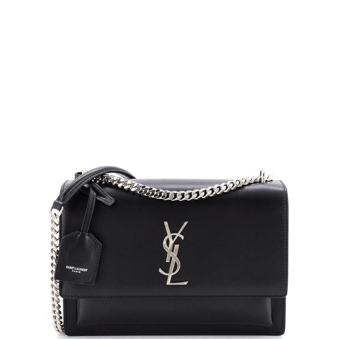 Leather Medium Saint Laurent Crossbody Bag Sunset: Leather Medium Saint Laurent Crossbody Bag Sunset Black Saint Laurent Leather Medium Sunset Crossbody Bag with Suede Interior, featuring a classic cross-body design and silver hardware. The bag has a