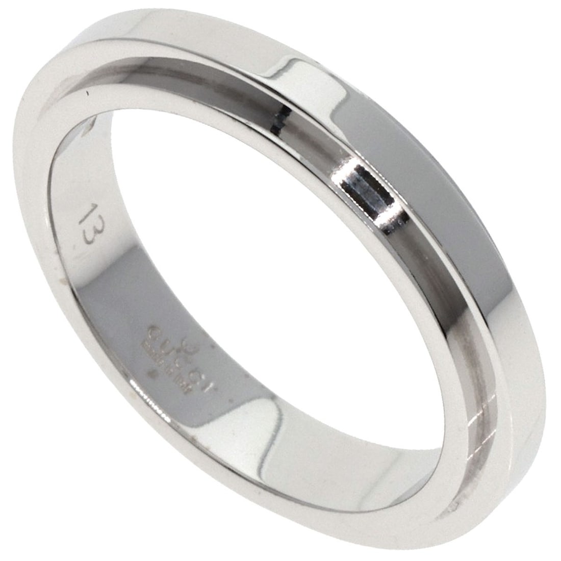Straight Rough Gold White Gucci K18 Ring: Straight Rough Gold White Gucci K18 Ring K18 White Gold Gucci Ring Features a sleek, silver metal design with a signature on the exterior. Made from high-quality K18 gold, this ring boasts a