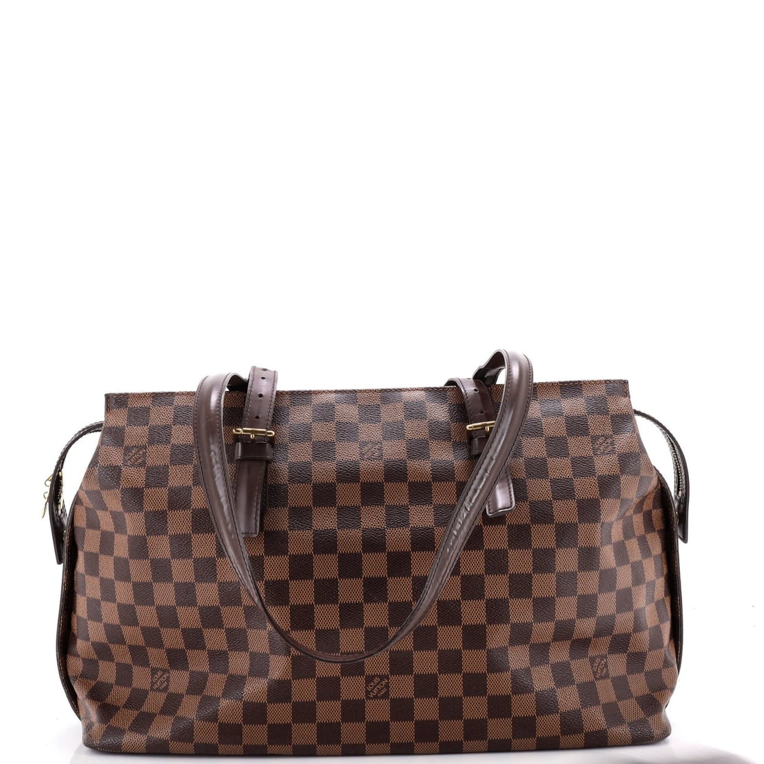 Damier Handbag Louis Vuitton Chelsea: Damier Handbag Louis Vuitton Chelsea Brown Damier Canvas Coated Louis Vuitton Chelsea Handbag with Red Fabric Interior, featuring a classic design and gold hardware. The bag's exterior shows signs of