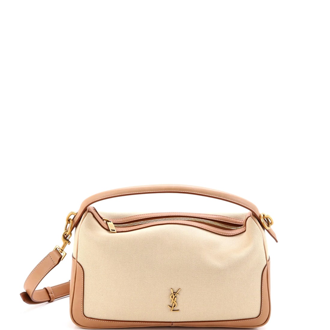 Supple Leather Canvas Handle Bag Top Saint Laurent Camera: Supple Leather Canvas Handle Bag Top Saint Laurent Camera Supple leather and canvas come together in this iconic Saint Laurent top handle bag, featuring a neutral exterior with subtle signs of wear.
