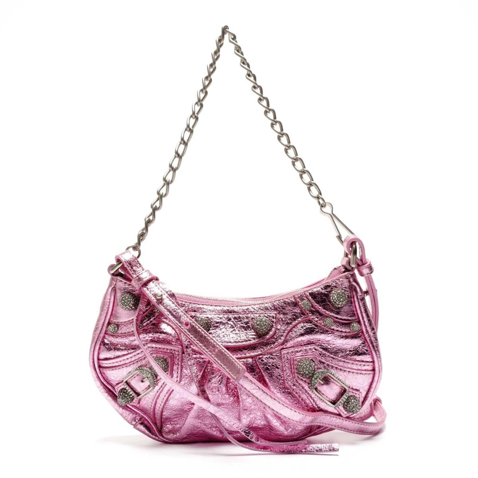 Shoulder Bag By Balenciaga: Shoulder Bag By Balenciaga Metallic and pink hues blend in this sleek Balenciaga shoulder bag, measuring 11cm x 21cm x 4cm. The adjustable strap length of 94cm - 112cm and 20cm handle drop make it