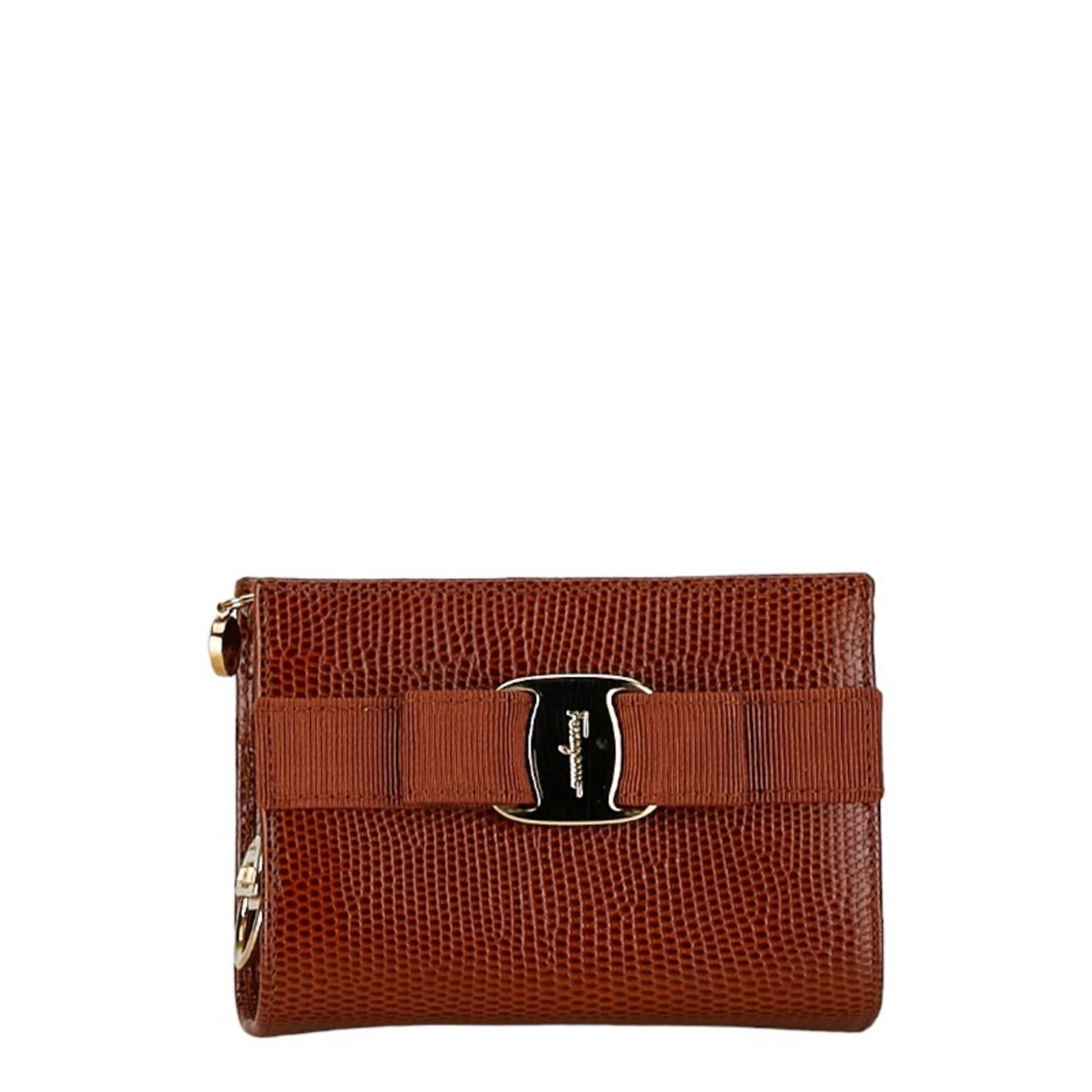 Ferragamo Leather Pouch Salvatore: Ferragamo Leather Pouch Salvatore This Salvatore Ferragamo Leather Pouch is a classic design made from high-quality leather, featuring a timeless brown color. Measuring 8.51cm x 12cm x 4.5cm, it