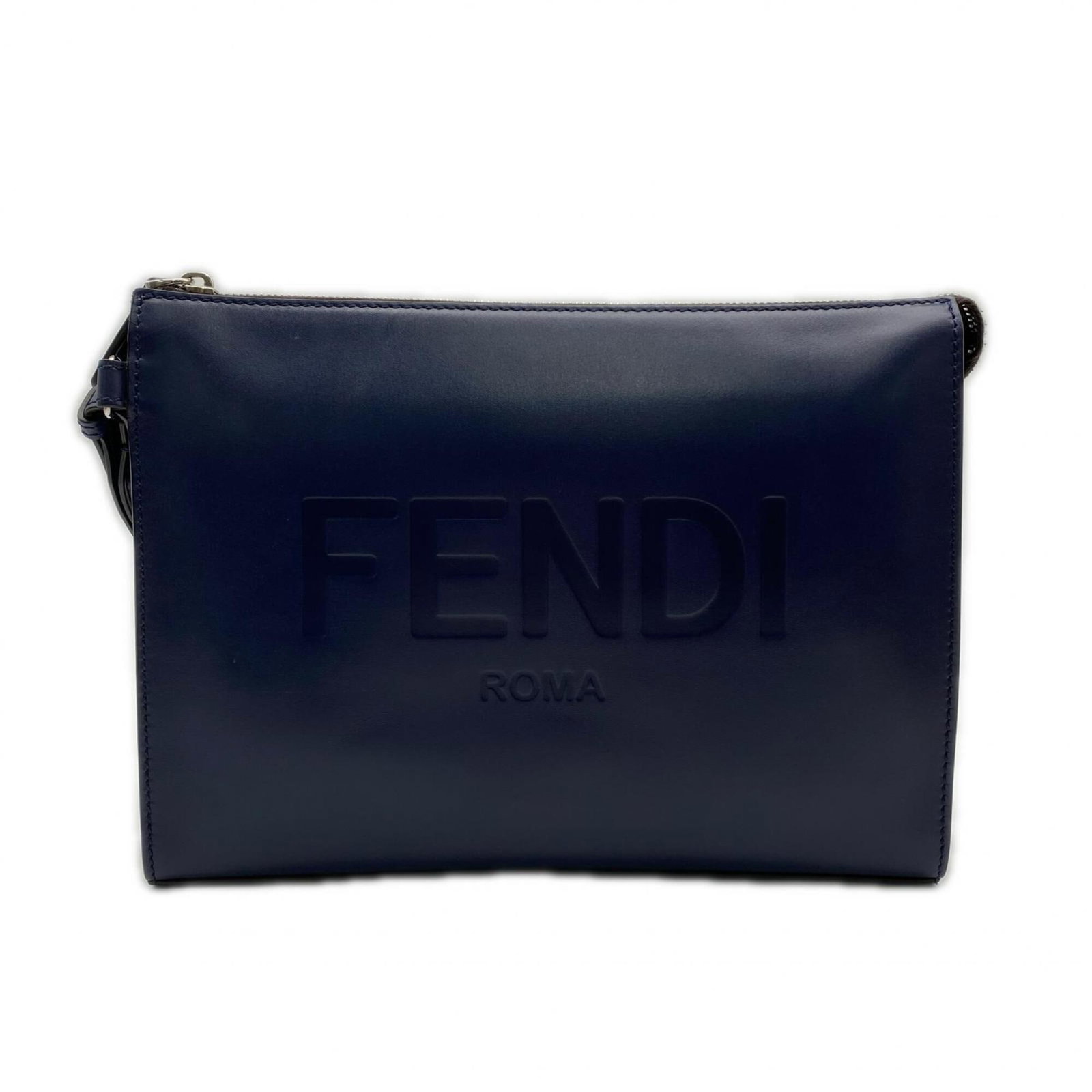Fendi Bag Leather Clutch: Fendi Bag Leather Clutch Fendi Bag Leather Clutch is made from high-quality Calfskin leather, featuring a navy color and a zipper closure. Its compact size, measuring 20cm x 27cm x 5cm, makes it a