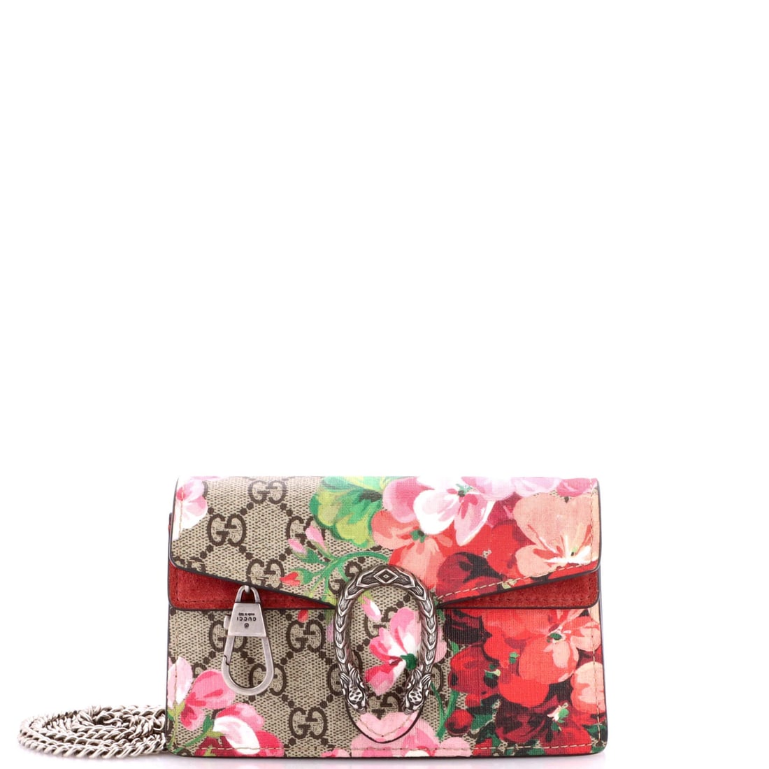 Gucci Coated Canvas Blooms Print Dionysus Bag Super Mini GG: Gucci Coated Canvas Blooms Print Dionysus Bag Super Mini GG Super Mini GG Dionysus Bag Blooms Print Gucci Coated Canvas Bag in Brown with Suede Red Interior and Silver Hardware. This cross-body bag