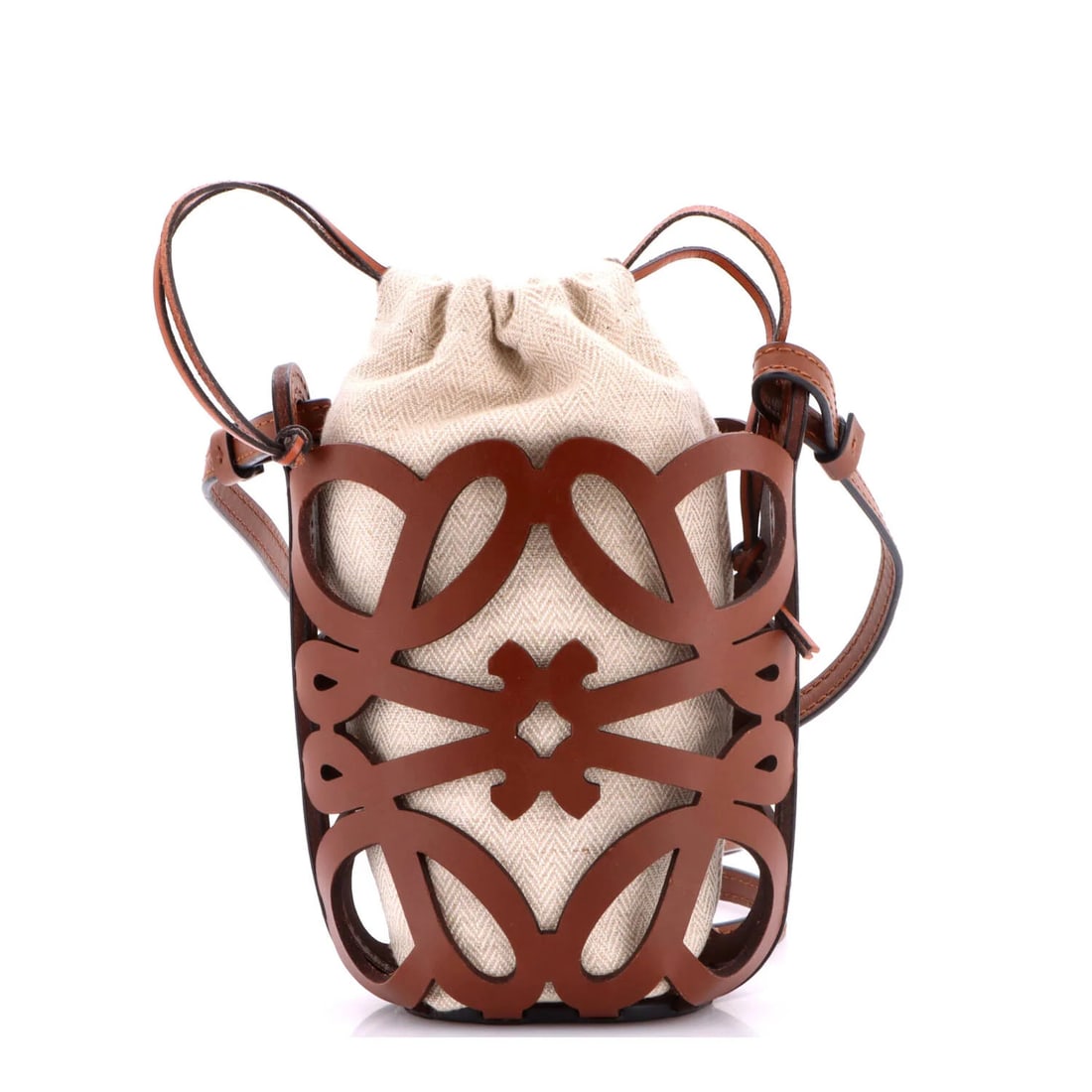 Loewe Anagram Drawstring Bucket Crossbody Bag Leather with Canvas Mini: Loewe Anagram Drawstring Bucket Crossbody Bag Leather with Canvas Mini The Loewe Anagram Drawstring Bucket Crossbody Bag Leather with Canvas Mini is a stylish mini bag with a canvas plain exterior